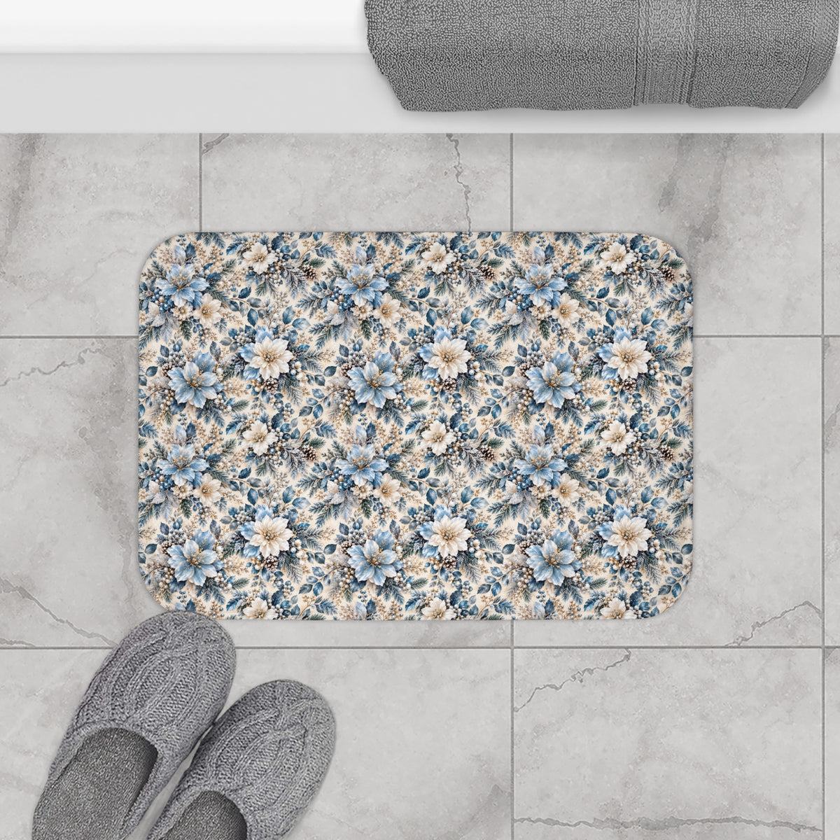 Icy Blue Floral Memory Foam Bath Mat