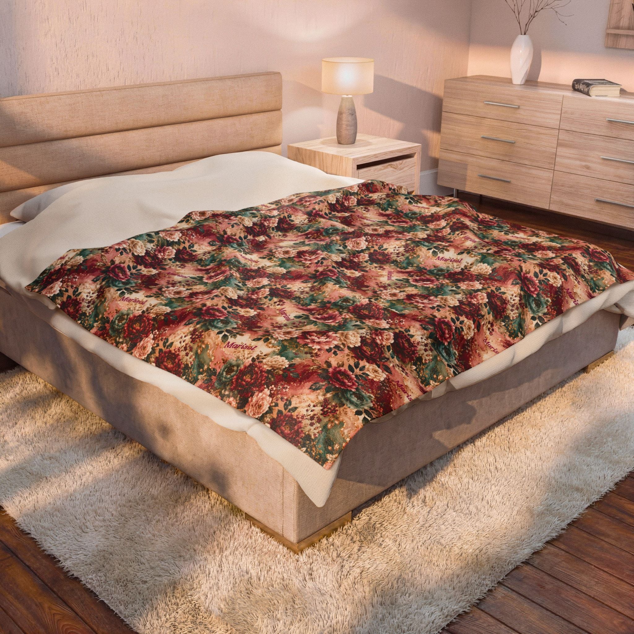 Personalized Luxury Botanical Blanket | Custom Name Velveteen Throw for Women Birthday