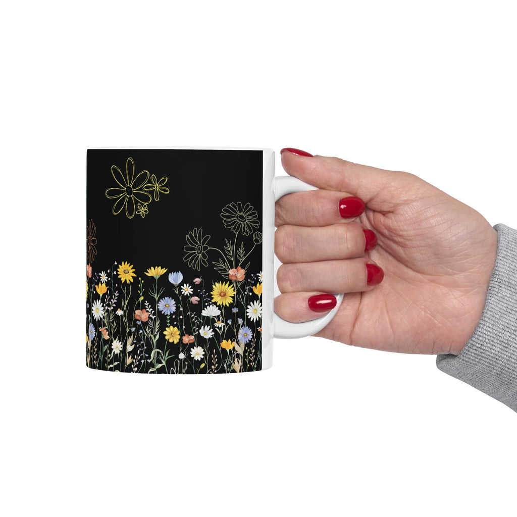 Tasse à café motif fleurs sauvages – 325 ml et 445 ml | Noire avec fleurs sauvages colorées, Tasse florale esthétique, Cadeau inspiré de la nature, Tasse compatible lave-vaisselle et micro-ondes pour maman