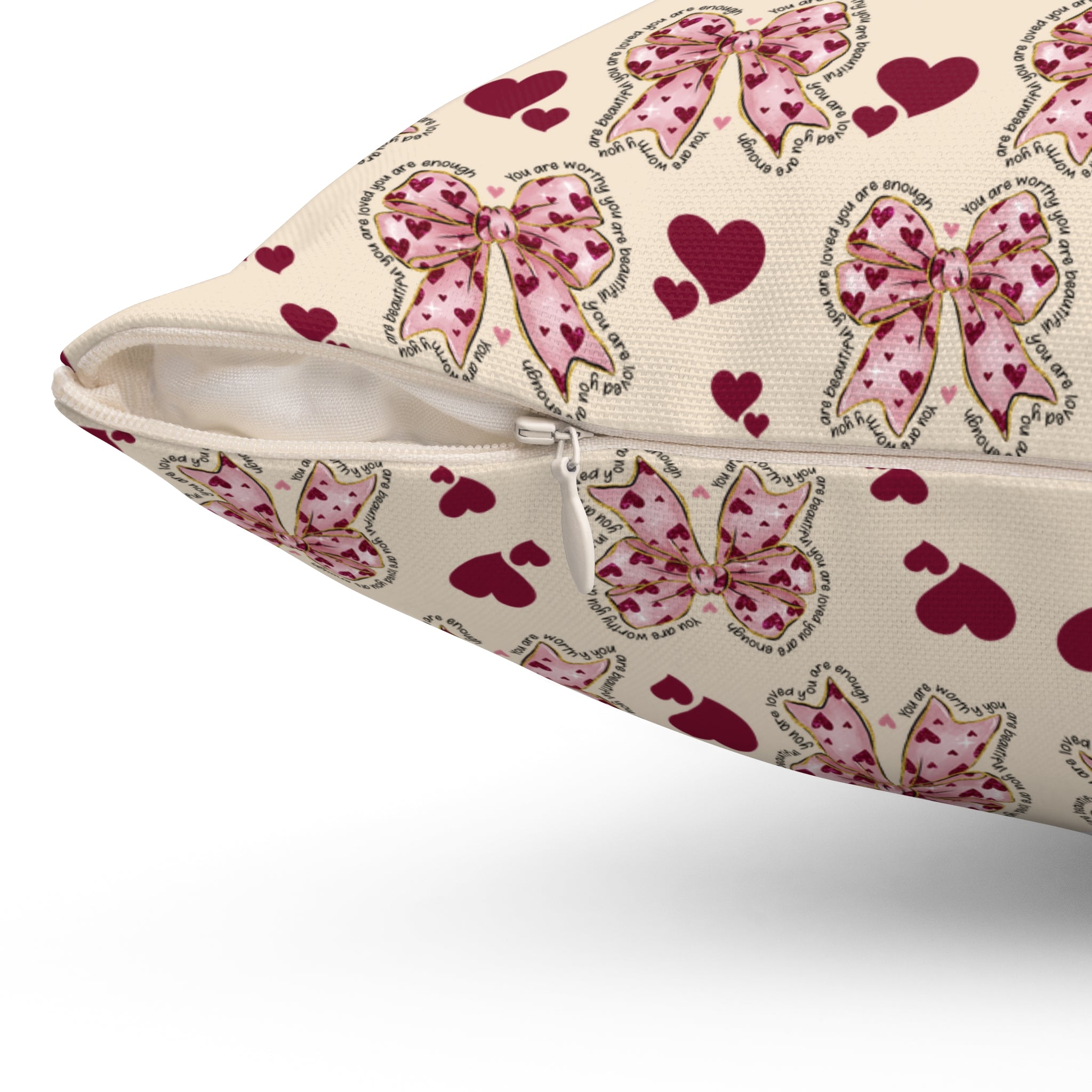 Charming Hearts & Pink Bows Square Pillow  Stylish Home Decor Accent for Living Room, Bedroom, or Gifts | Soft & Durable 100% Polyester with Double-Sided Print - MRSBYVALLE