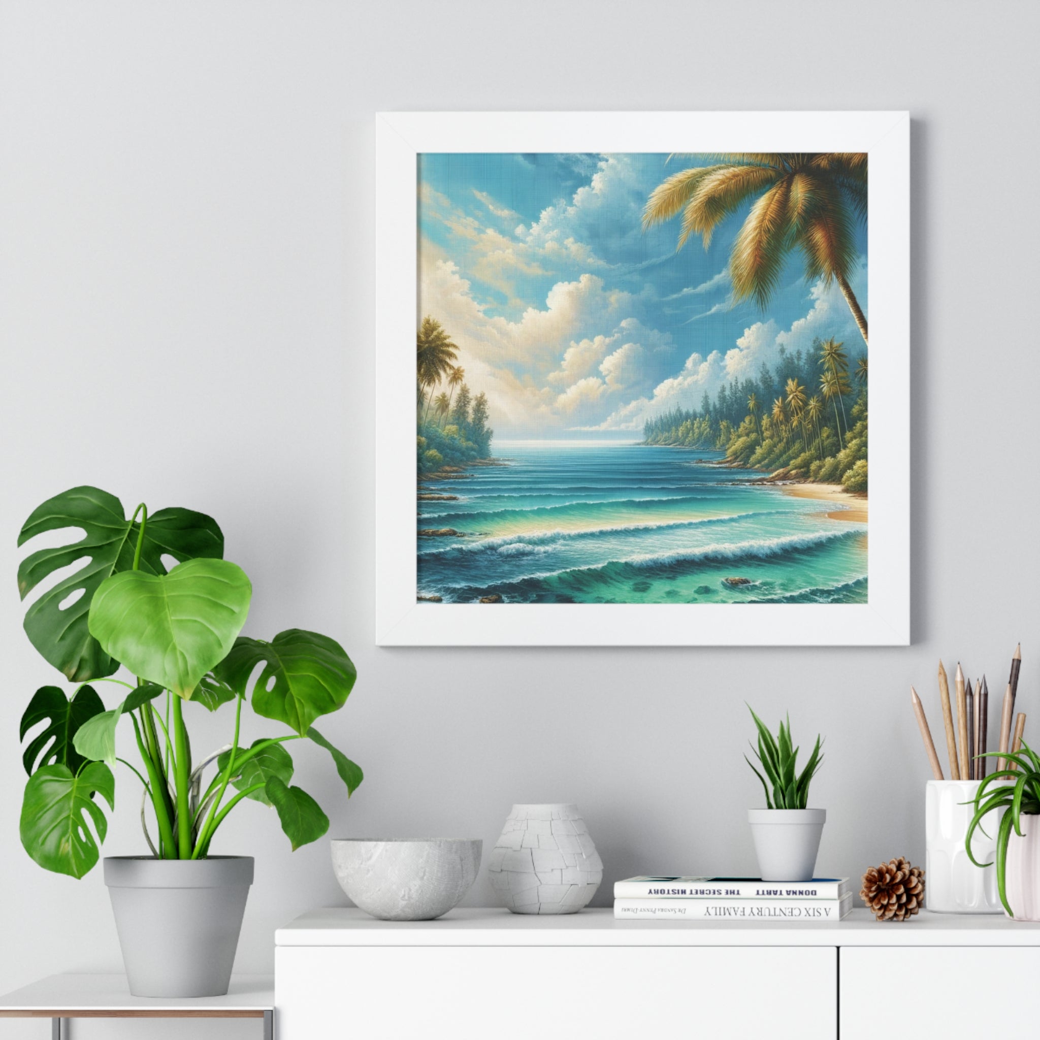 Coastal Bliss Ocean Beach View Framed Canvas Wall Art for Home Decor Framed Canvas Print Wall Art Classic Encased in Black, White, or Walnut Frames with Durable Acrylic Protection Ready to Hang  Timelessly Crafted..