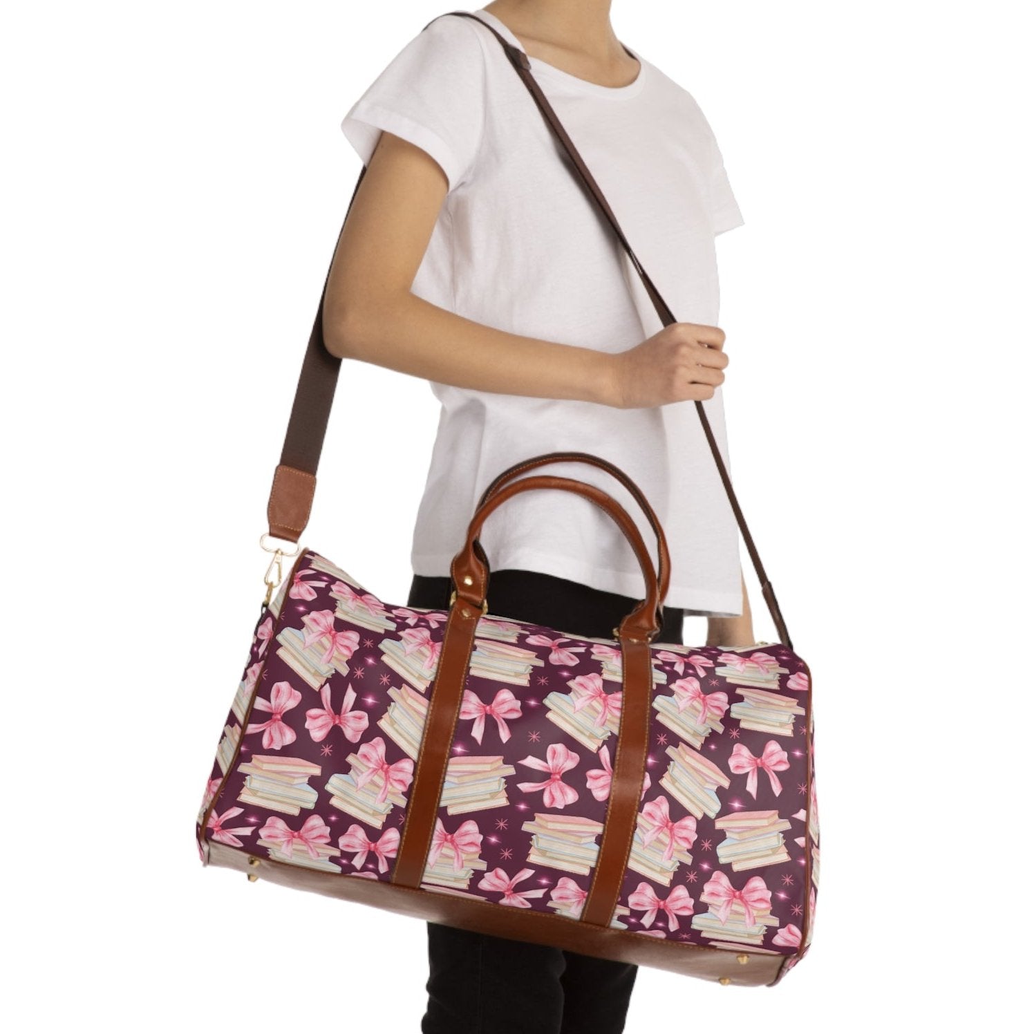 Coquette Pink Bows & Books Plum Stylish Waterproof Travel Bag Fall Amethyst, White Durable Versatile for Travel, Gym, and Everyday Adventures | Shop the Perfect All-Season Bag Perfect for Adventurers - MRSBYVALLE