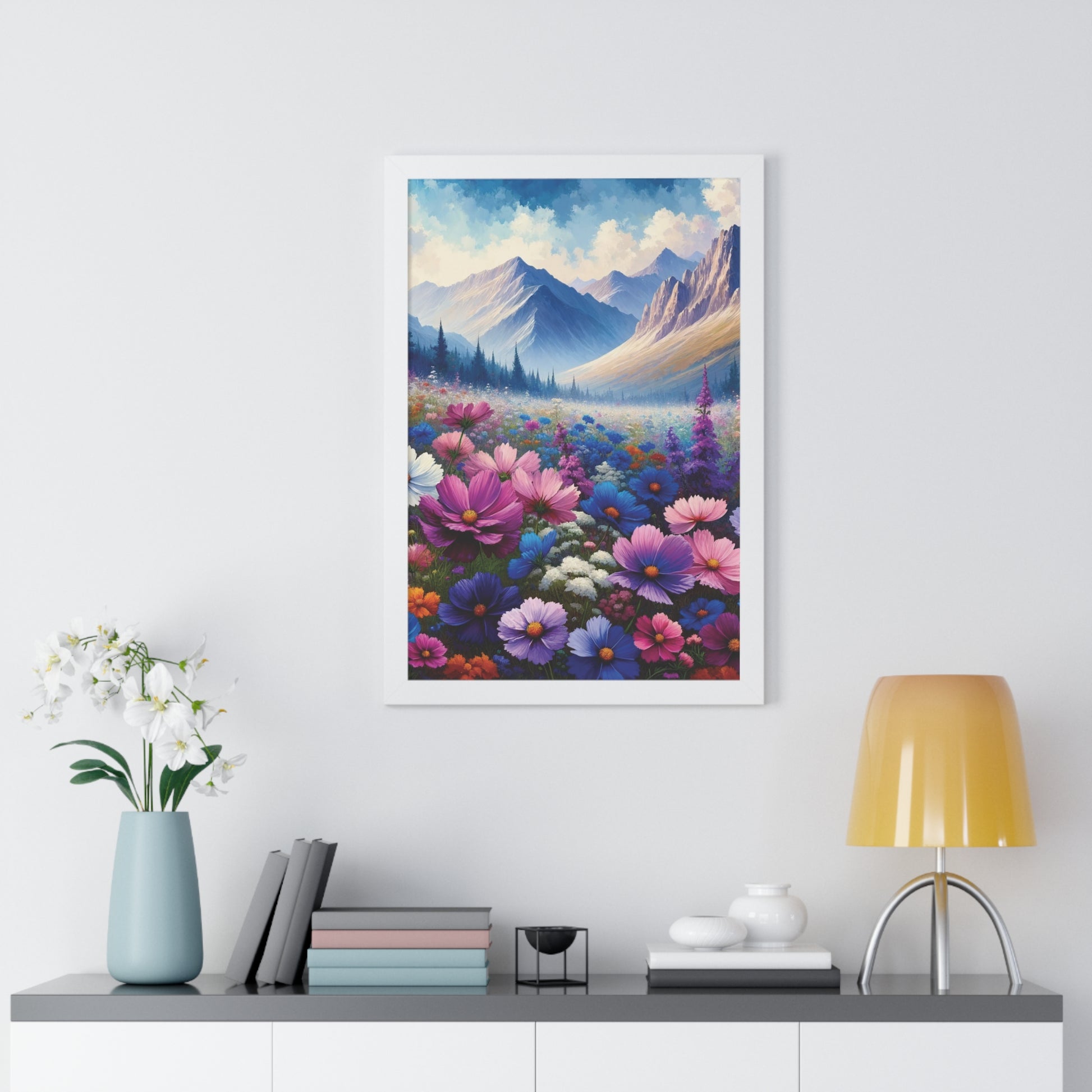 Wall Art Beautiful Wildflowers and Mountains Wildflower Art Watercolor Floral Framed Canvas Print Wall Art  Classic Encased in Black, White, or Walnut Frames with Durable Acrylic Protection Ready to Hang  Timelessly Crafted..