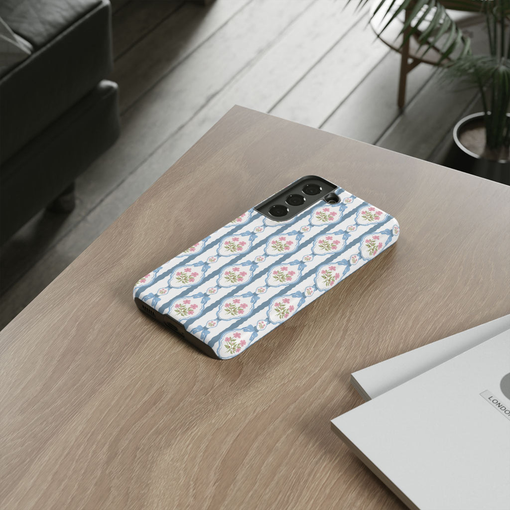 Coque de téléphone Vintage Nœud Bleu et Rose — Motif floral romantique « Tough Cases »