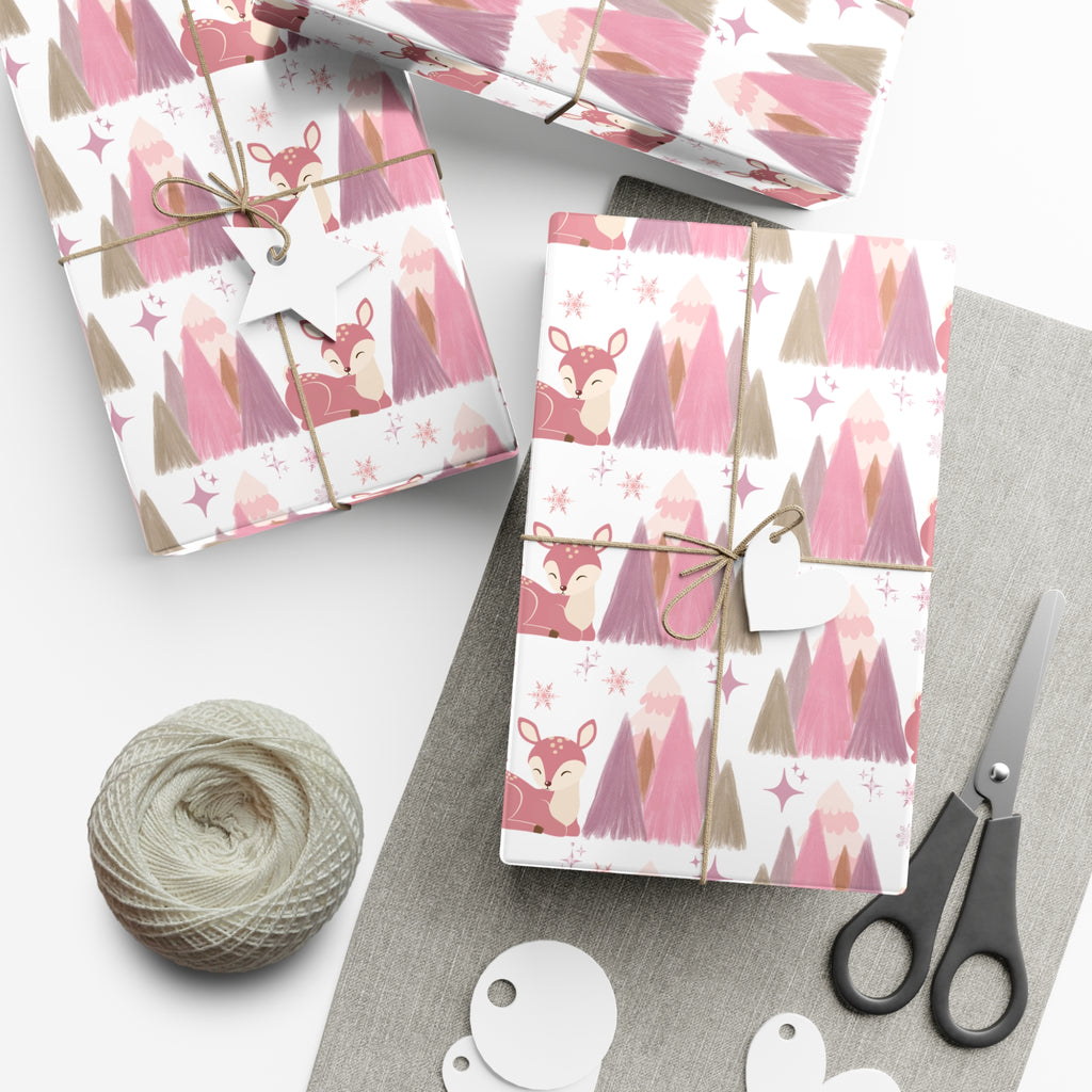 Pink and Lavender Deer Wrapping Paper, Whimsical Christmas Gift Wrap, Pastel Holiday Paper, Winter Wonderland Theme, Elegant Xmas Packaging