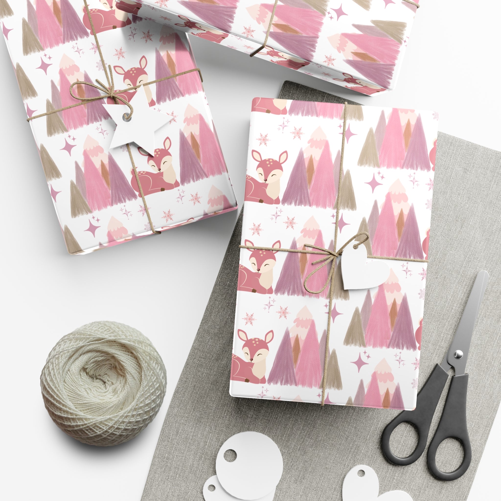Pink and Lavender Deer Wrapping Paper, Whimsical Christmas Gift Wrap, Pastel Holiday Paper, Winter Wonderland Theme, Elegant Xmas Packaging