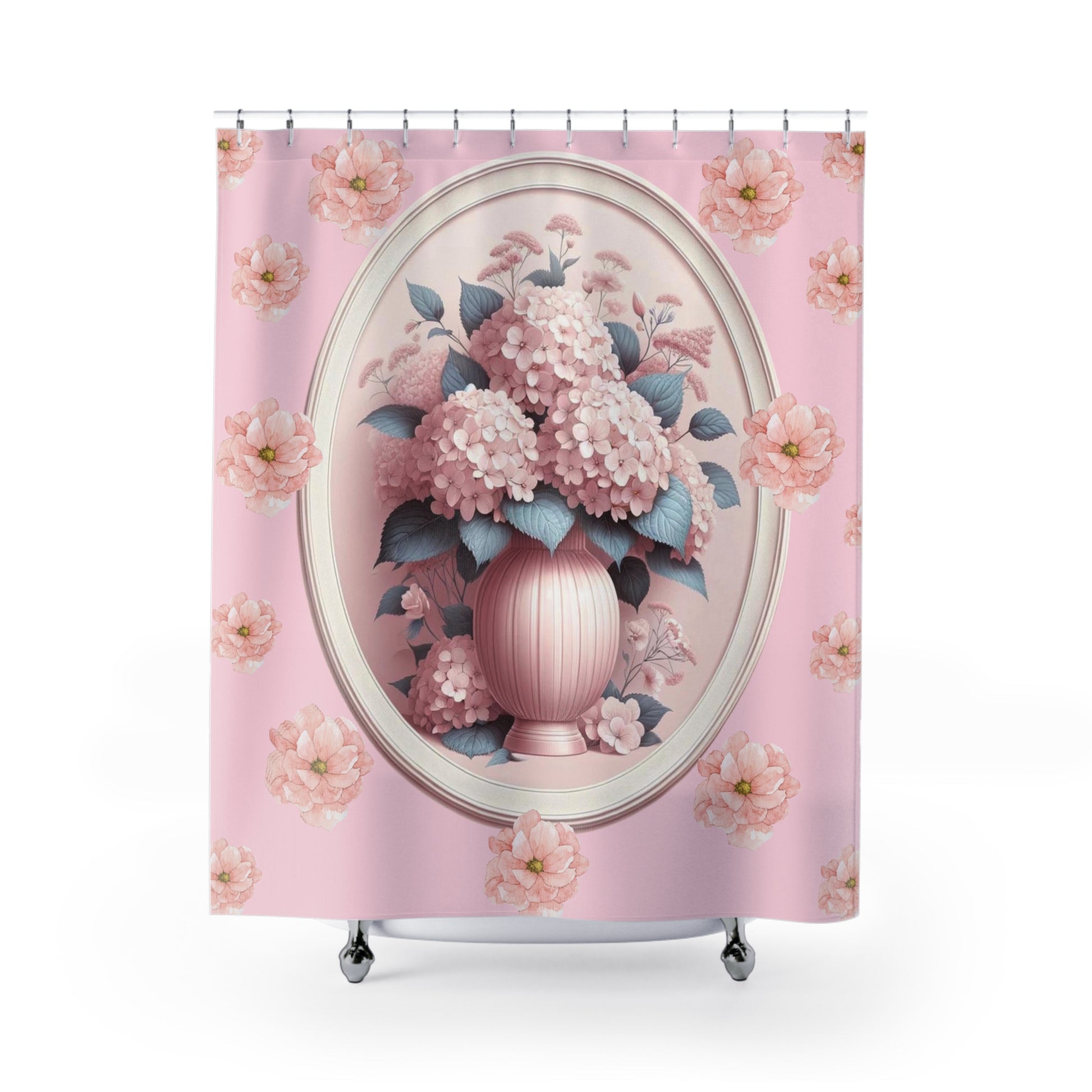 Elegant Pink Victorian Chinoiserie Hydrangeas Shower Curtain Luxurious Bathroom Decor, Ideal Housewarming Wedding Gift for Mom New House Gift Newlywed.