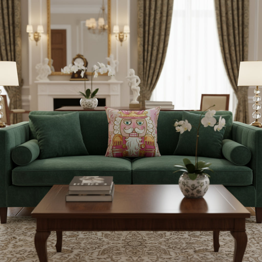 Decorative pillow with a cartoonish king design on a pink background