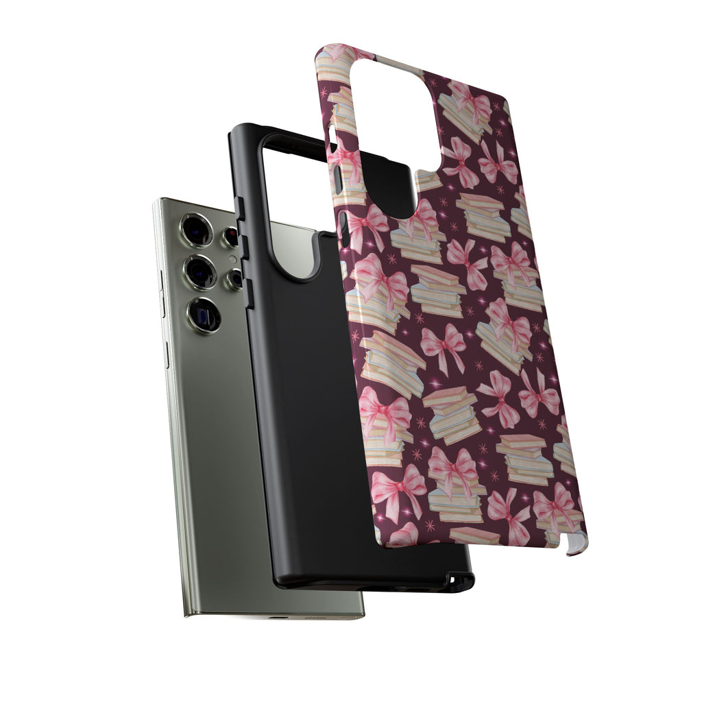 Coquette Pink Bows & Books Phone Case for iPhone 17 and Samsung, Pixel | Stylish Protective Cover Gift for Her Perfect for Floral Lover