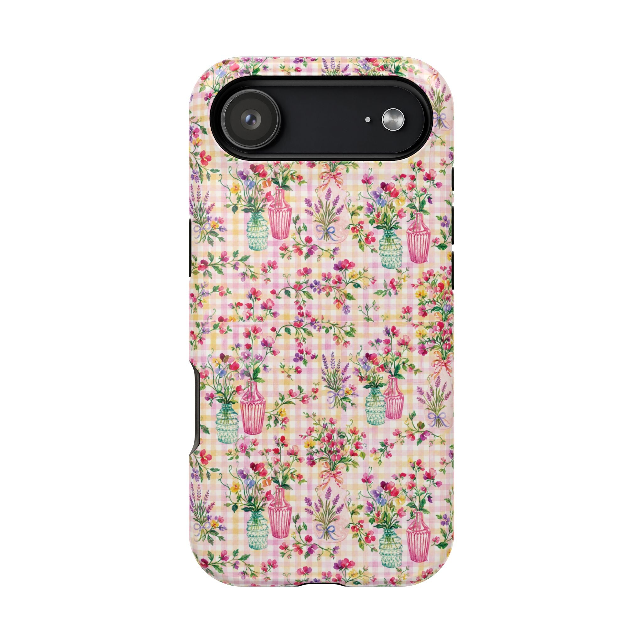 Turquoise & Pink Floral Checker Phone Case — Magnetic Impact-Resistant
