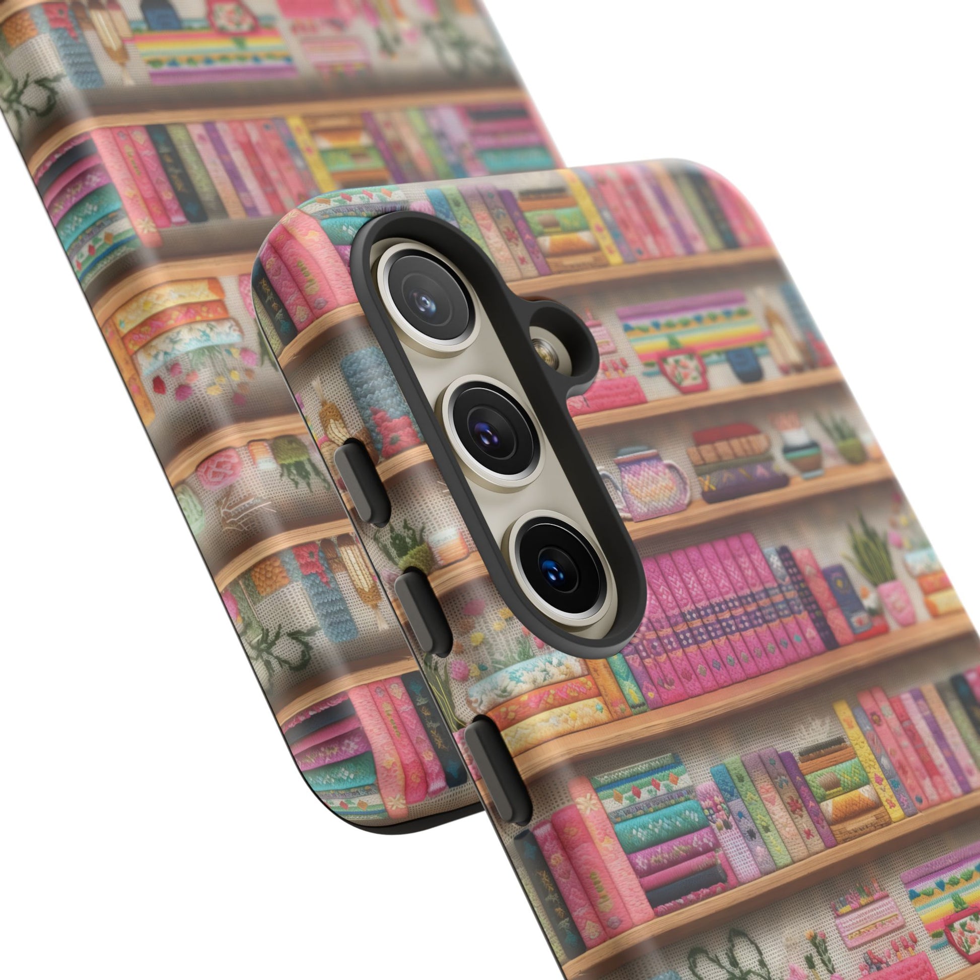 Whimsical 3D Embroidery Illusion Books on Pastel Shelves Phone Case for iPhone, Samsung & Pixel: Unique Accessory for Literary Enthusiasts Gift for Her Perfect for Floral Lover