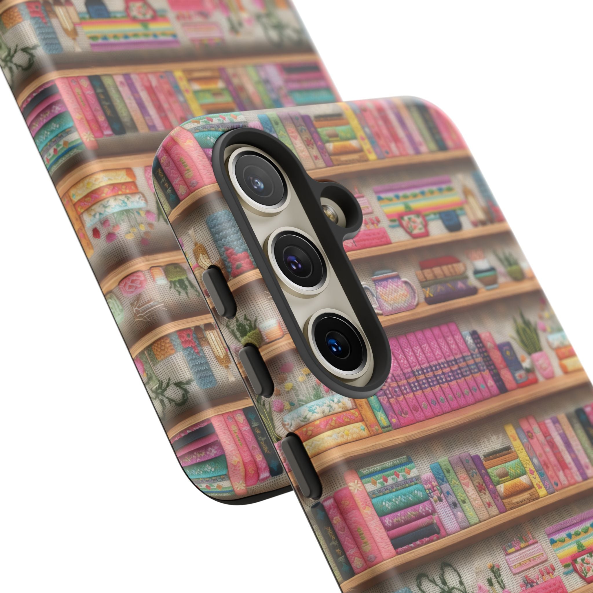 Whimsical 3D Embroidery Illusion Books on Pastel Shelves Phone Case for iPhone, Samsung & Pixel: Unique Accessory for Literary Enthusiasts Gift for Her Perfect for Floral Lover