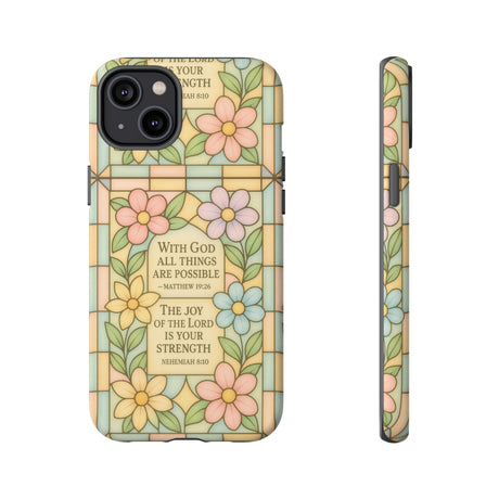 Pastel Stained Glass Bible Verse Phone Case Christian Affirmation Cover, Soft Geometric Design, iPhone Samsung Google, Faith Gift for Her Bible Verse or Affirmation | Protective, Inspirational Gift for Christians