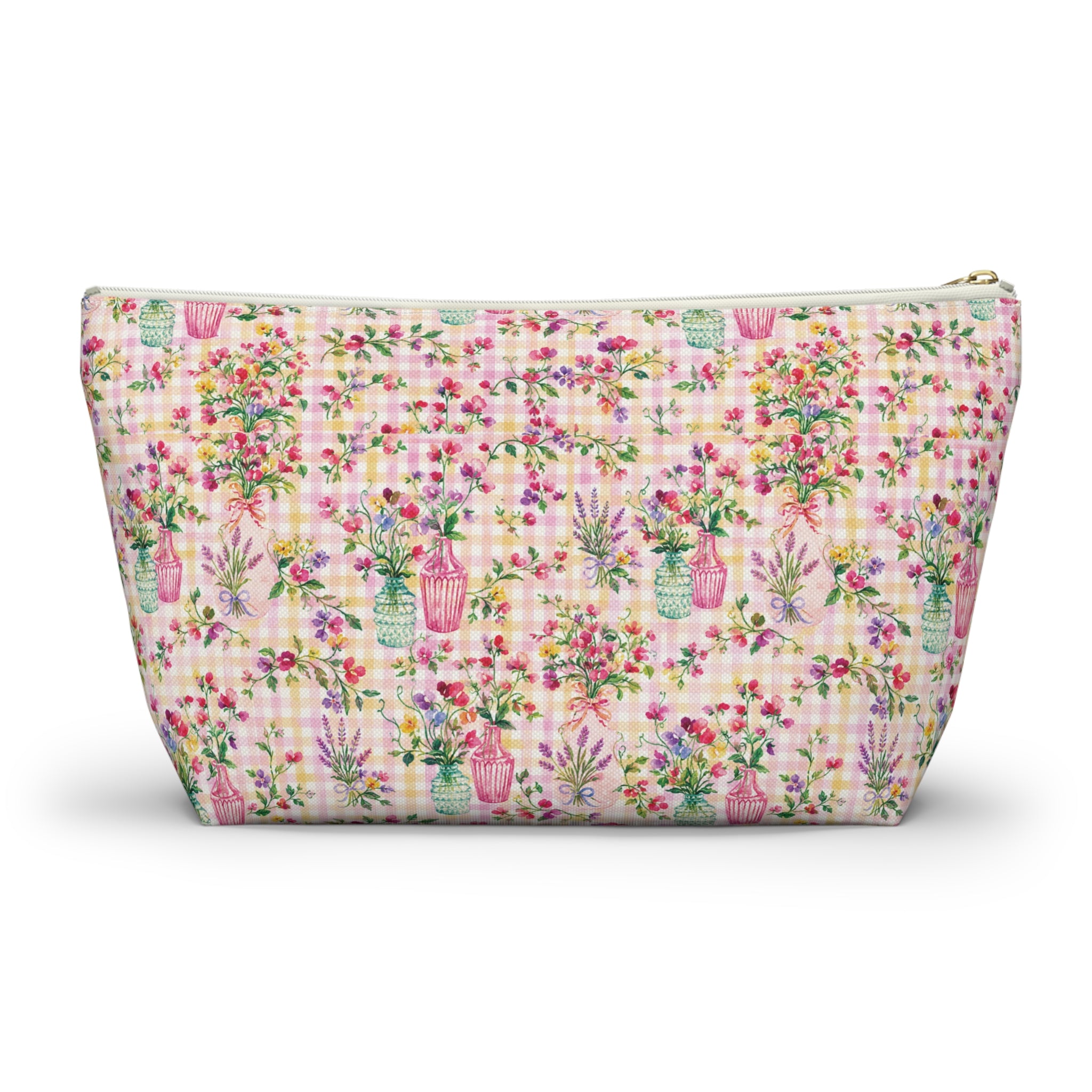 Trousse à accessoires à carreaux floraux turquoise et rose (fond en T) Maquillage, Sac cadeau pour elle