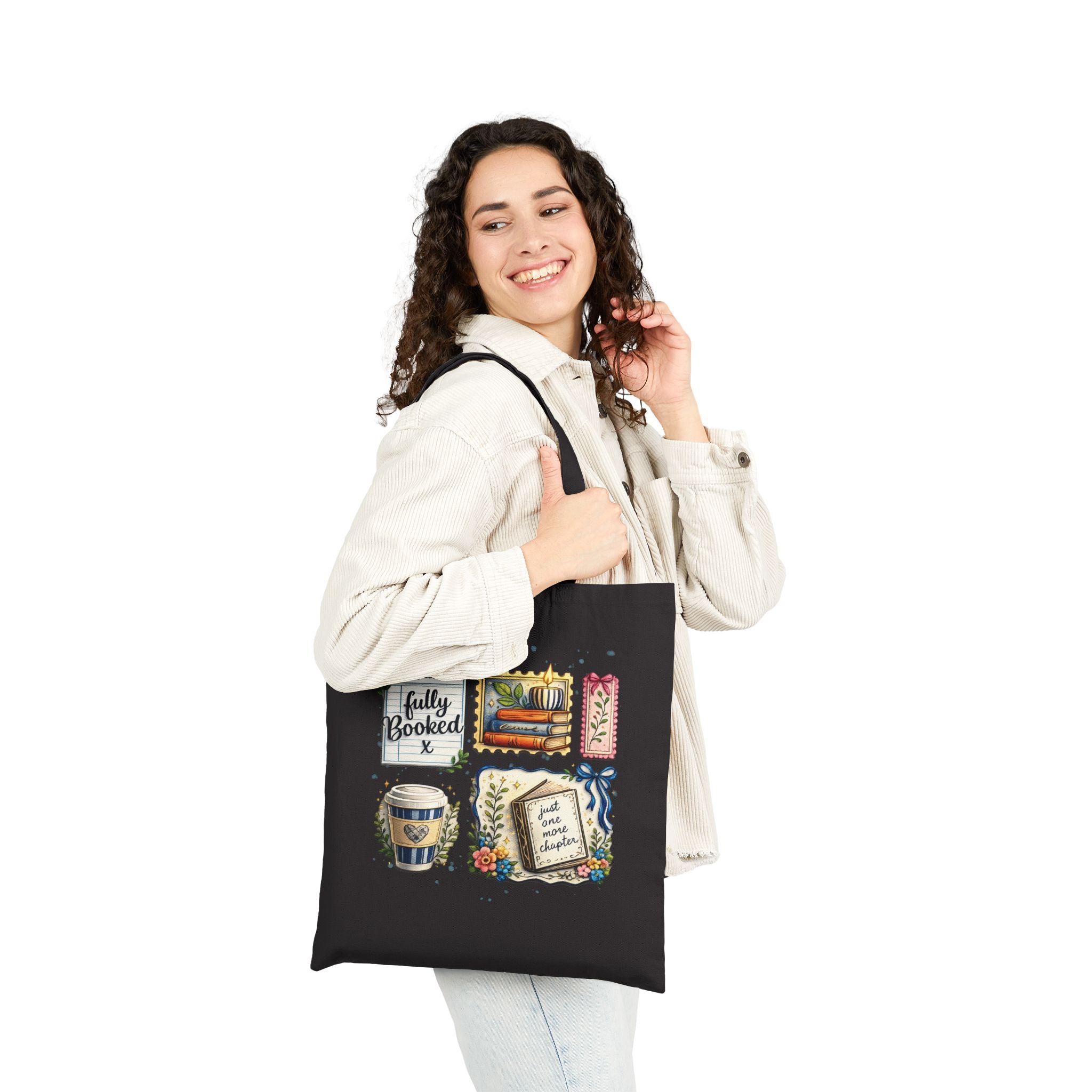 Tote Bag — "Fully Booked" Book Lover Canvas Tote with Stack of Books, Coffee & Floral Bookmark