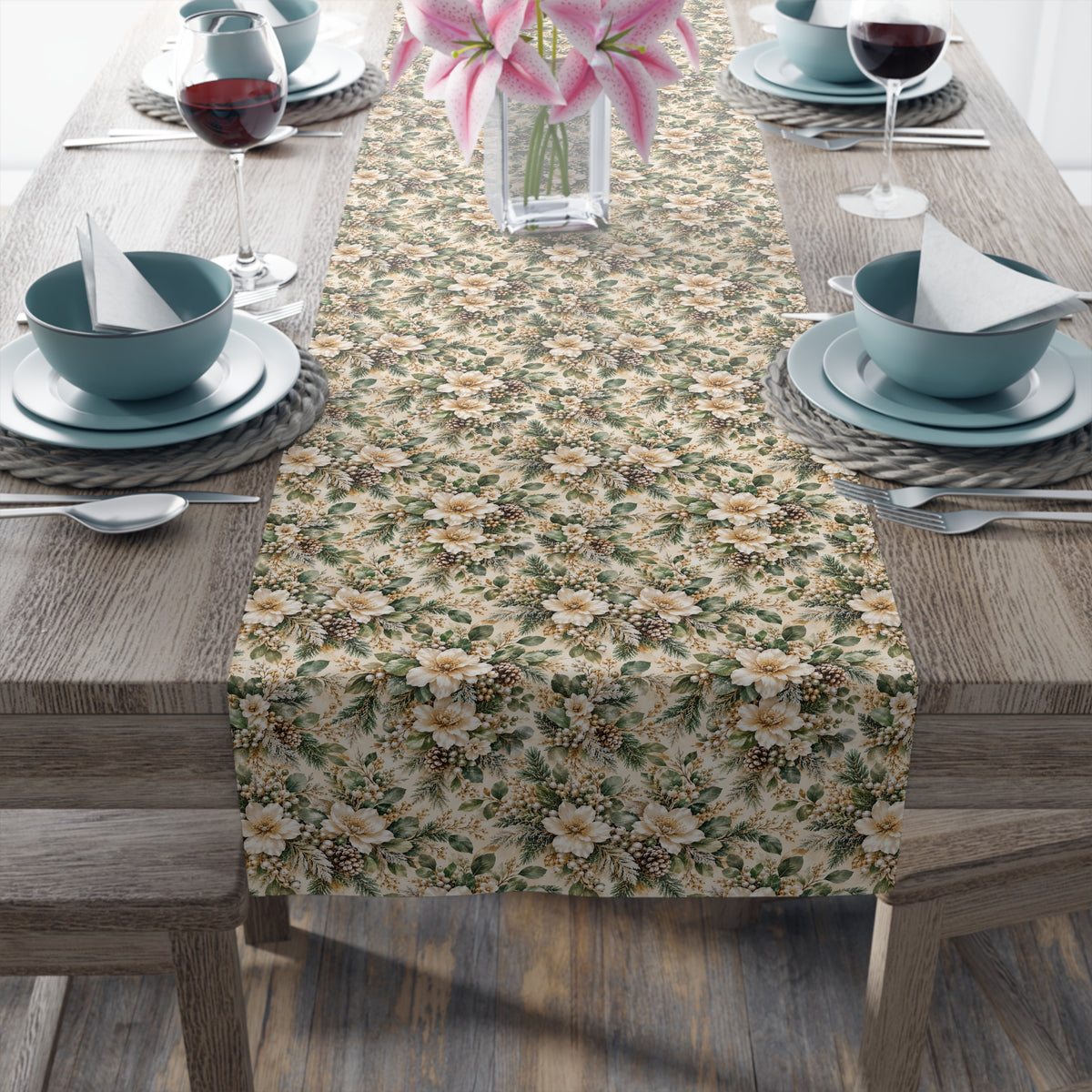 Sage Green & Champagne Floral Table Runner