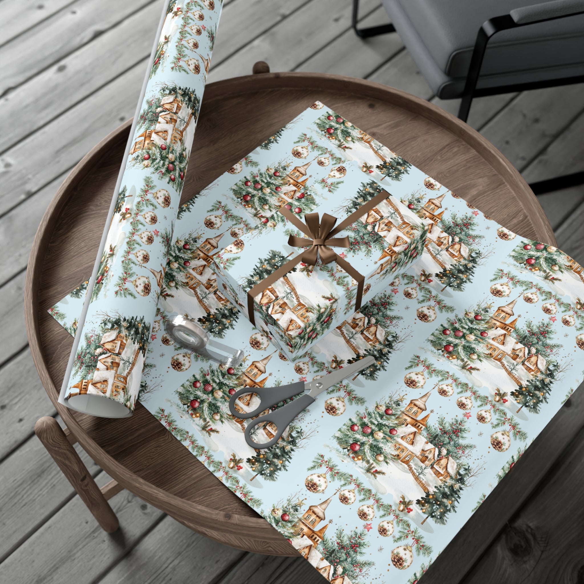 Christmas Watercolor House & Tree Wrapping Paper – Festive Holiday Scenes in Elegant Watercolors, Perfect for Wrapping Gifts with Cozy, Seasonal Charm All Gifts - MRSBYVALLE