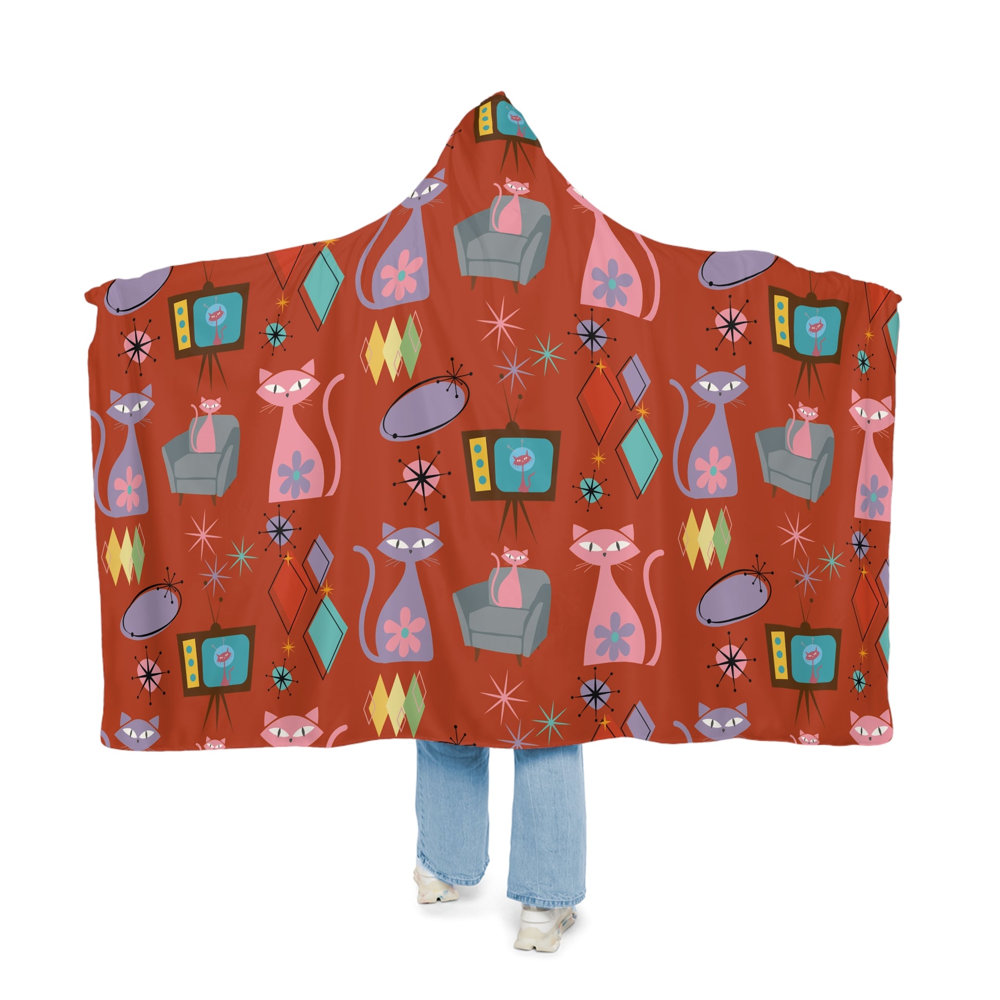 Retro Atomic Kitty Cat Hooded Blanket – Mid-Century Modern 50s Throw, Cozy Sherpa Snuggle Gift, Fun Vintage-Inspired Home Comfort Housewarming
