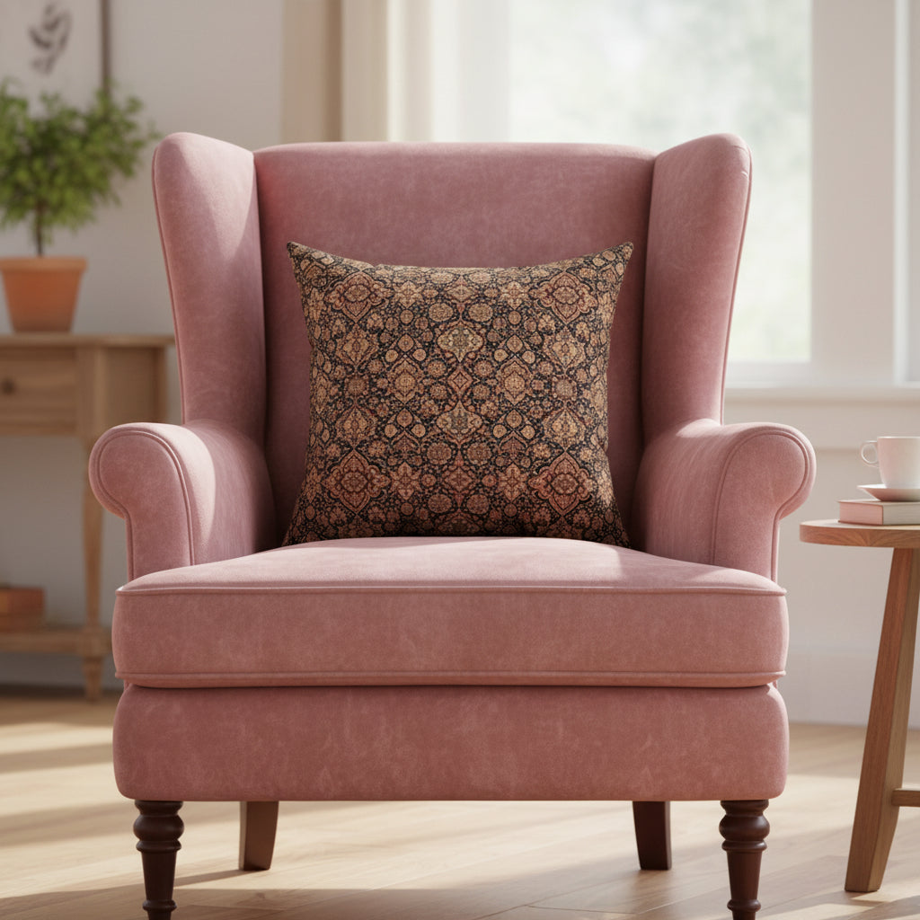 Decorative pillow with a brown and black pattern on a white background