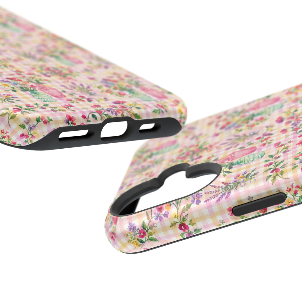 Turquoise & Pink Floral Checker Phone Case — Magnetic Impact-Resistant