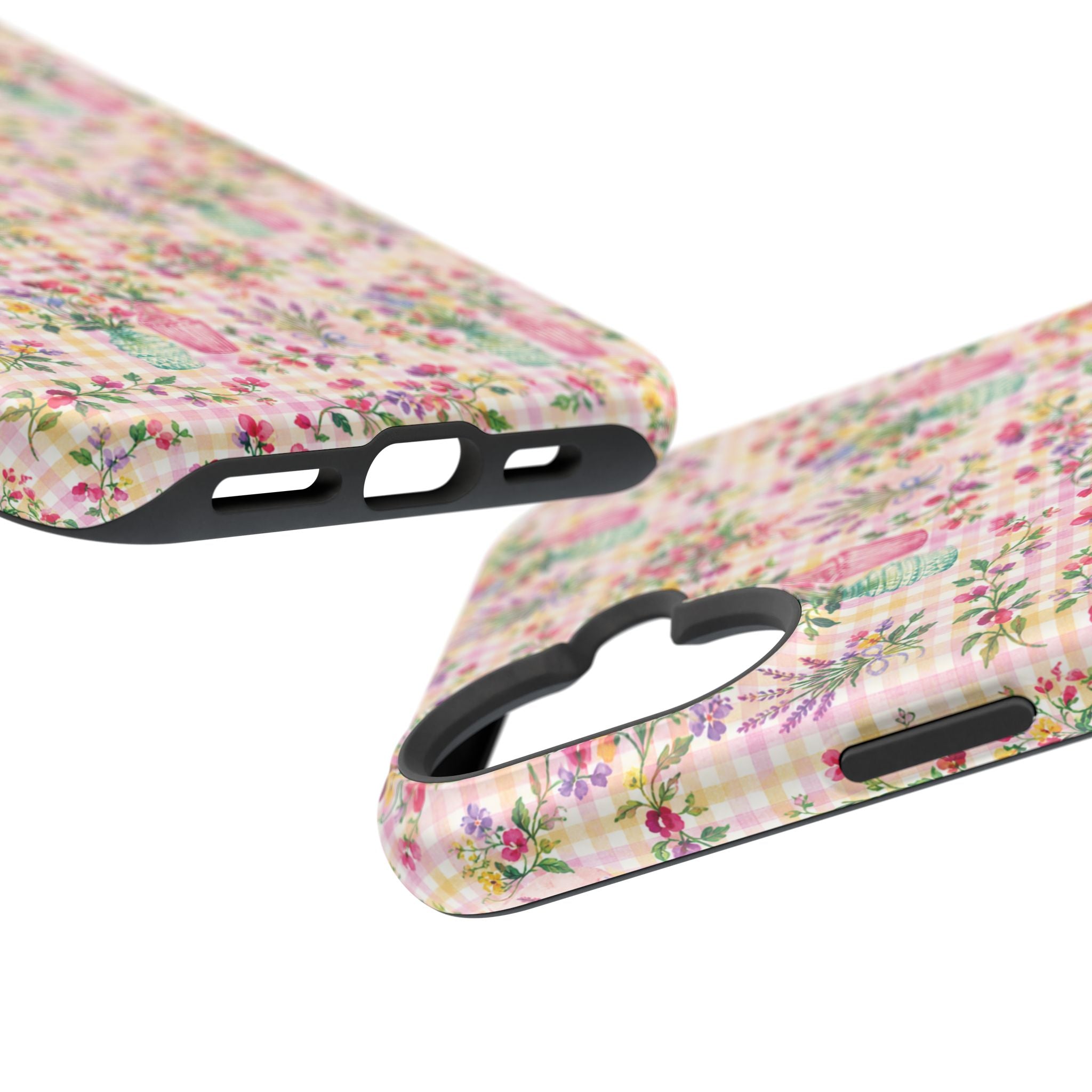 Turquoise & Pink Floral Checker Phone Case — Magnetic Impact-Resistant
