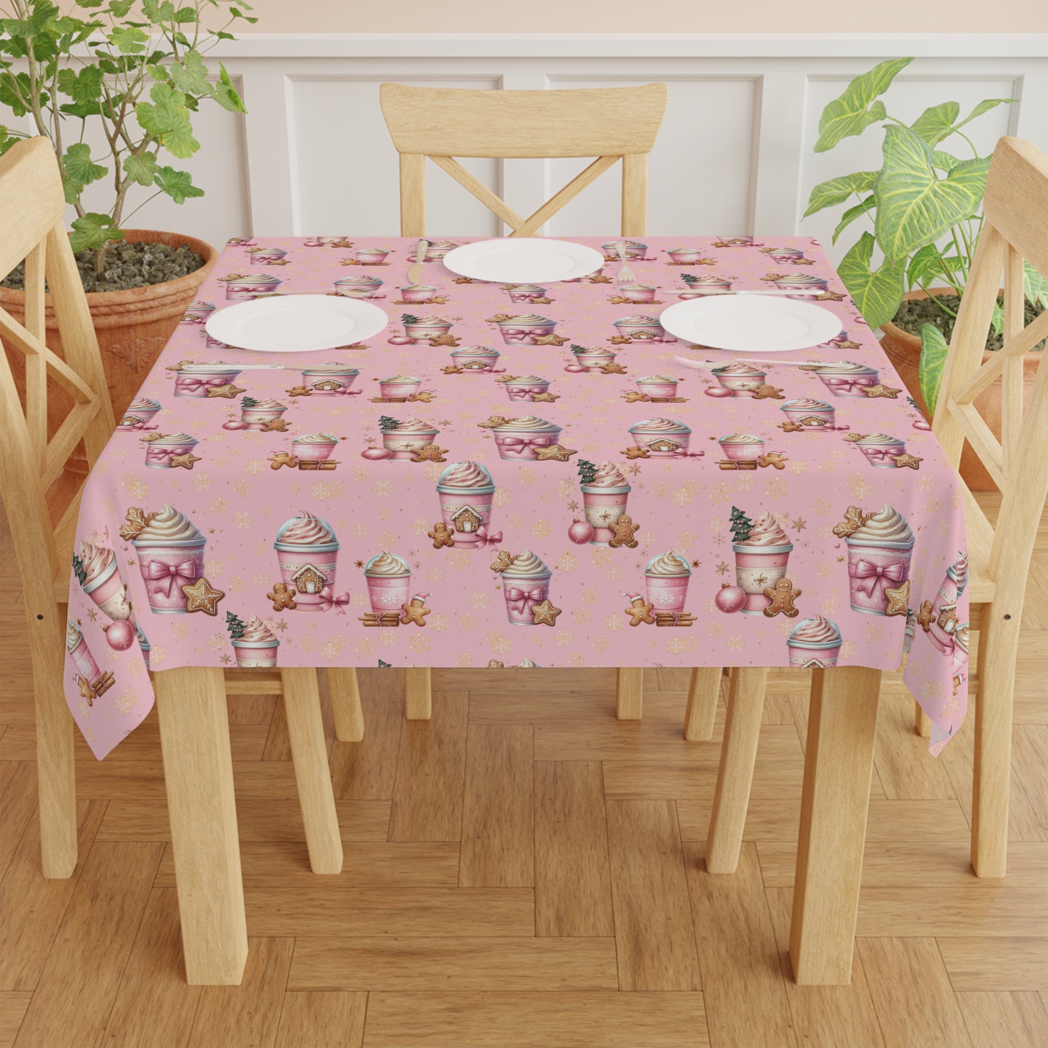 Christmas Pink Gingerbread People with Coffee Tablecloth Festive Holiday Dining Decor, Vibrant Colors, Perfect for Adding Whimsy to Your Table Setting (55.1"x55.1") | Soft & Lightweight Unique Holiday Gift for Housewarming, Parties - MRSBYVALLE