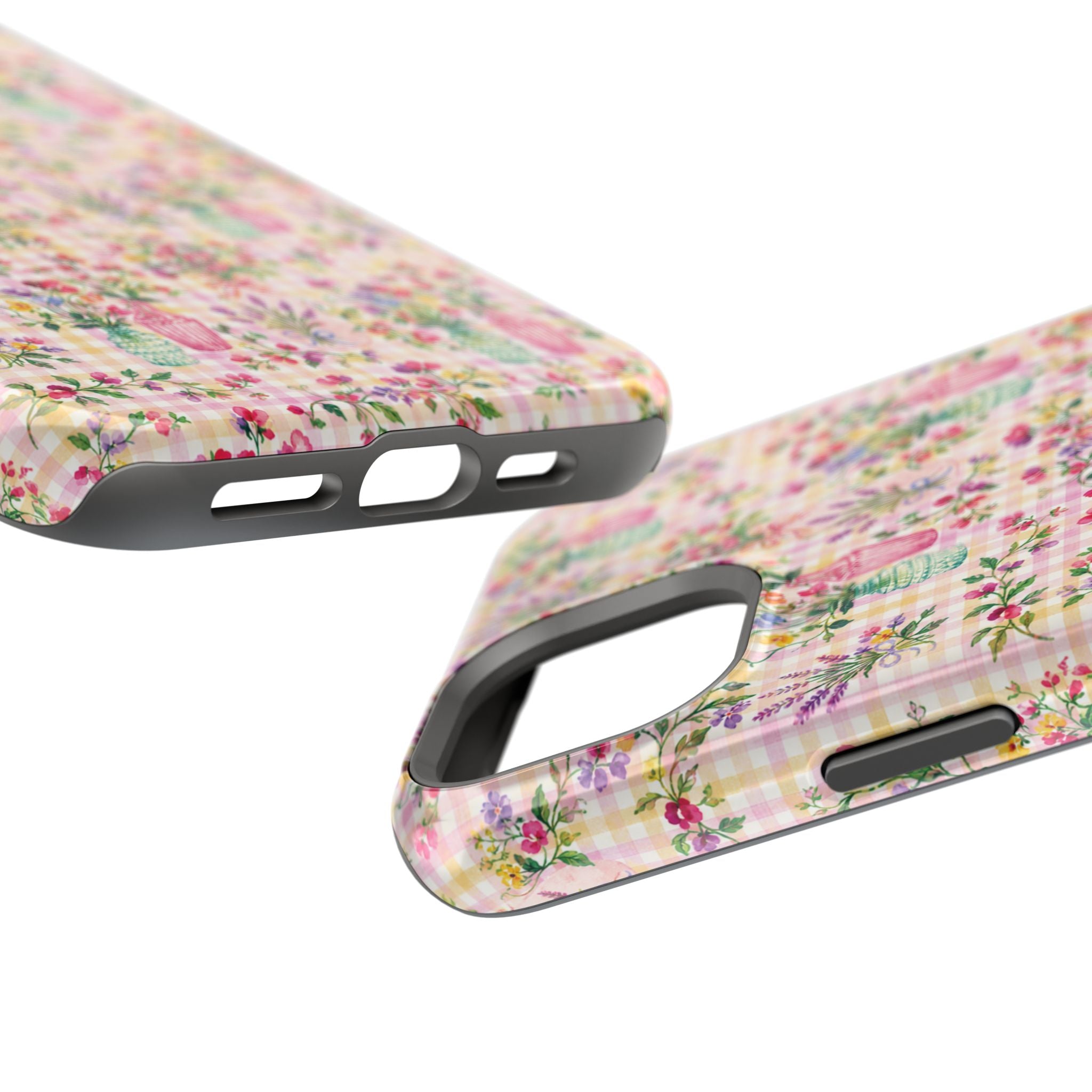 Turquoise & Pink Floral Checker Phone Case — Magnetic Impact-Resistant