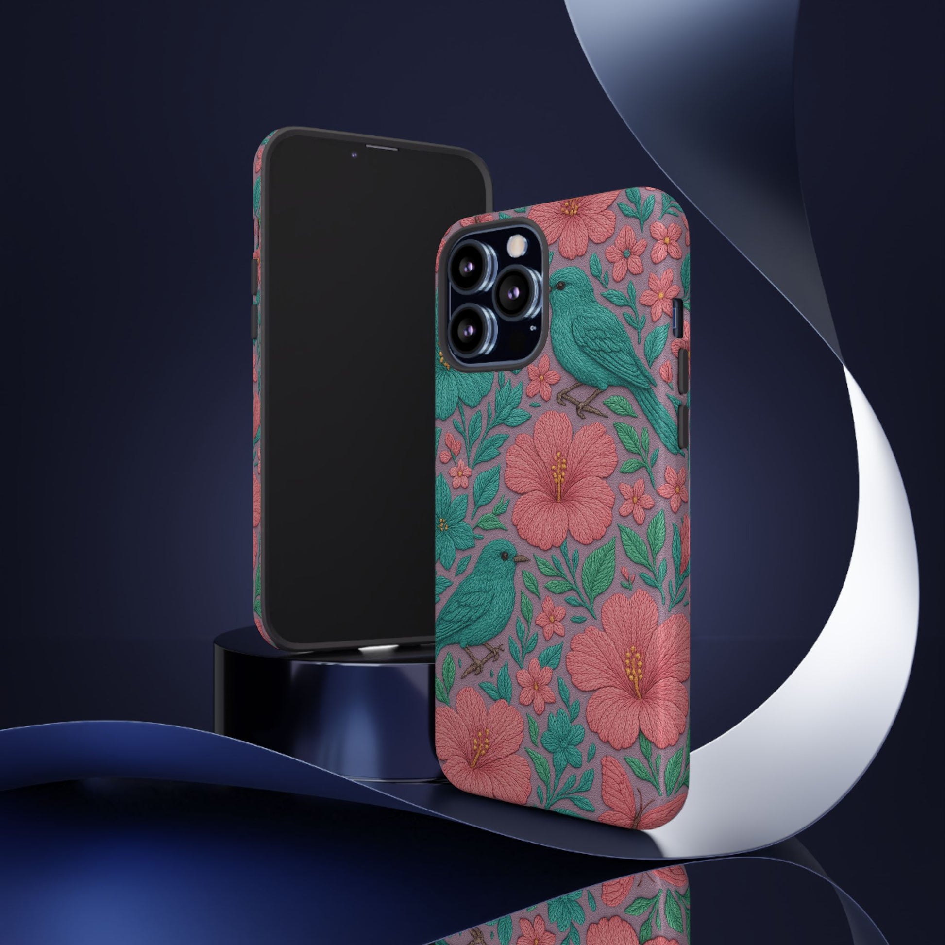 Turquoise, Pink and Lavender 3D Embroidery Illusion Phone Case Tropical Flowers, Birds & Butterflies Cover with Bold, Realistic Floral Texture iPhone, Samsung