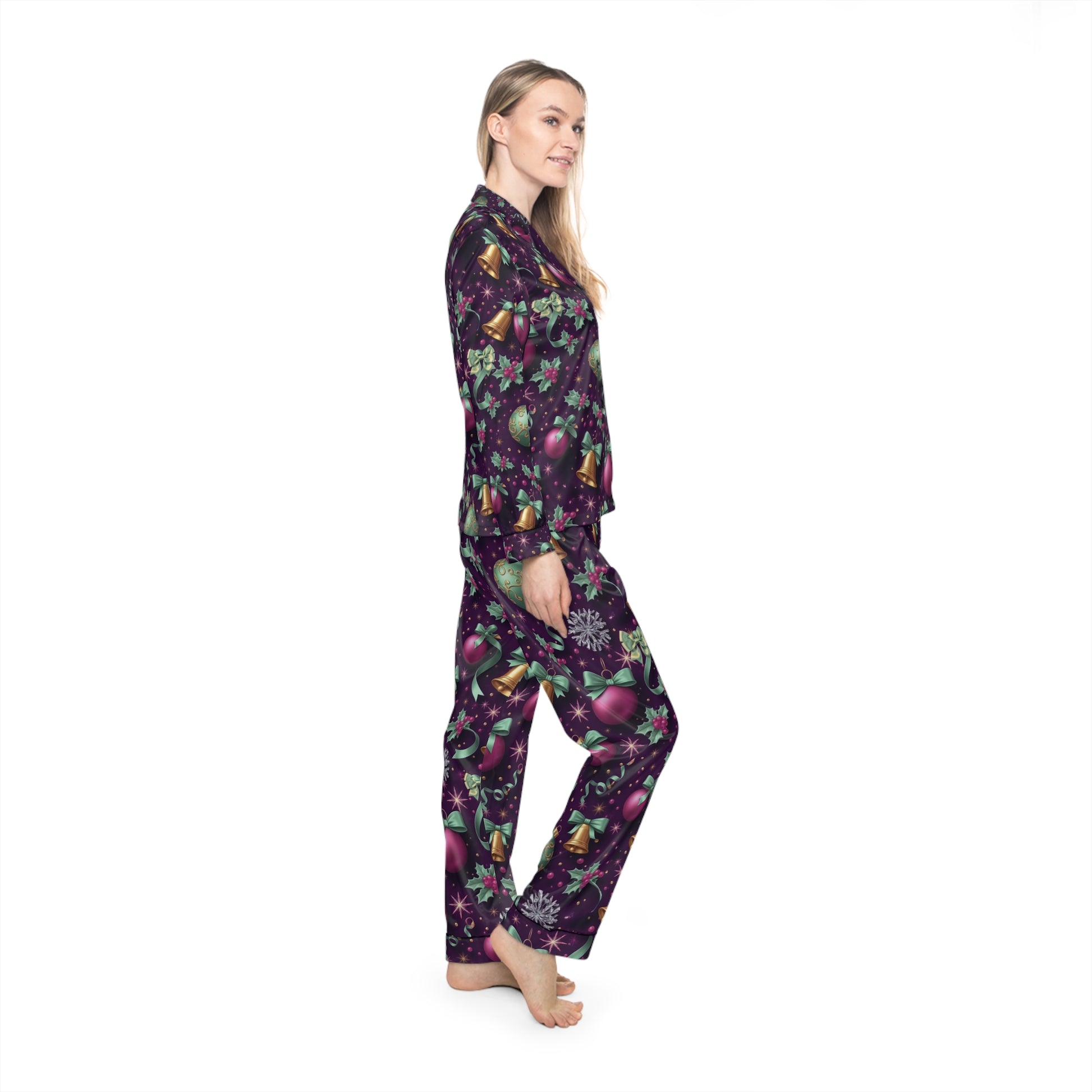 Women's Holiday Satin Pajamas, Cozy Sleepwear, Festive Loungewear, Christmas Gift, All-Over Print PJs, Christmas Morning Outfit