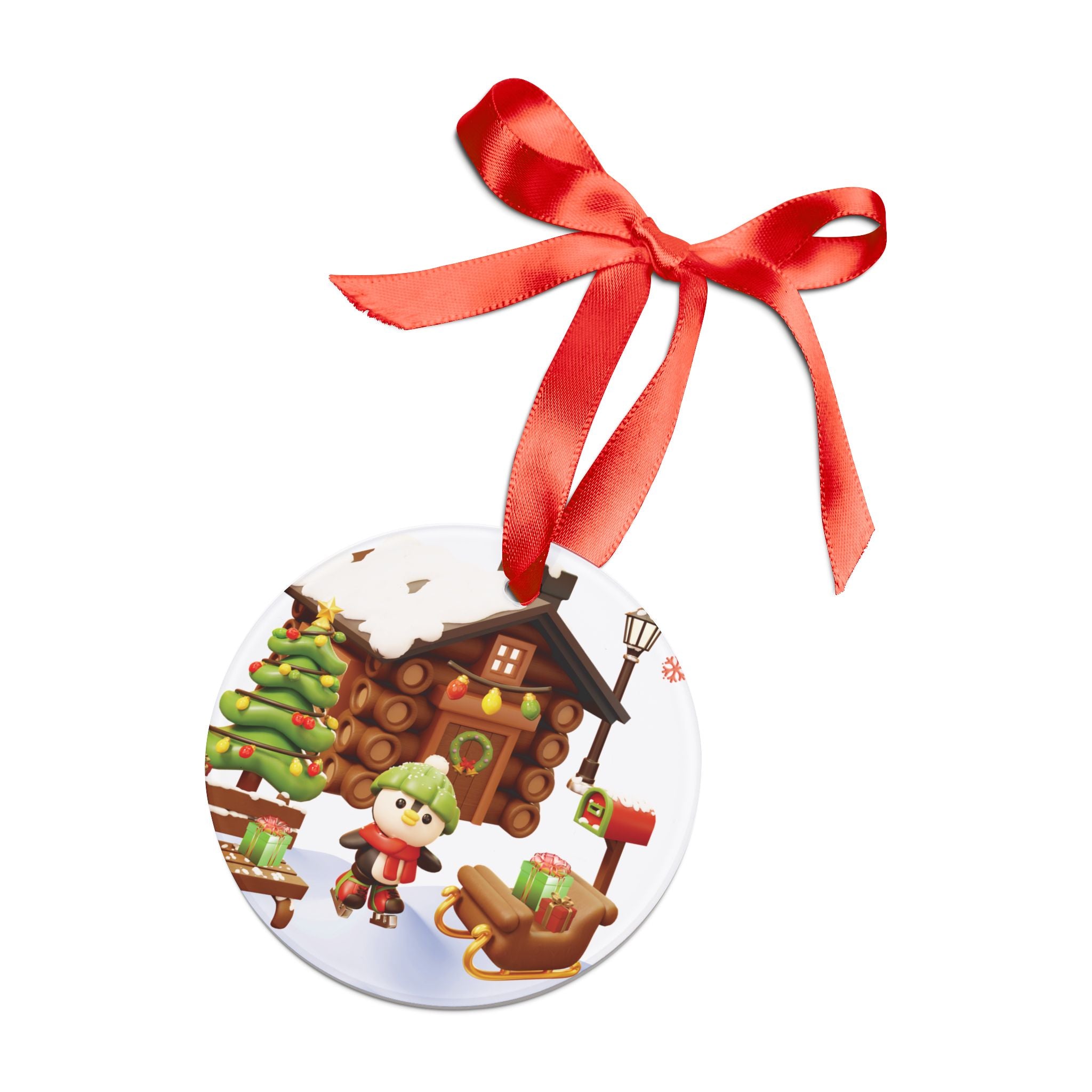 3D Illusion Christmas Penguin Ornament Cute Winter Penguin by Snow Cabin Scene, Acrylic Holiday Keepsake, Festive Tree Decoration 2.90Gift for Family