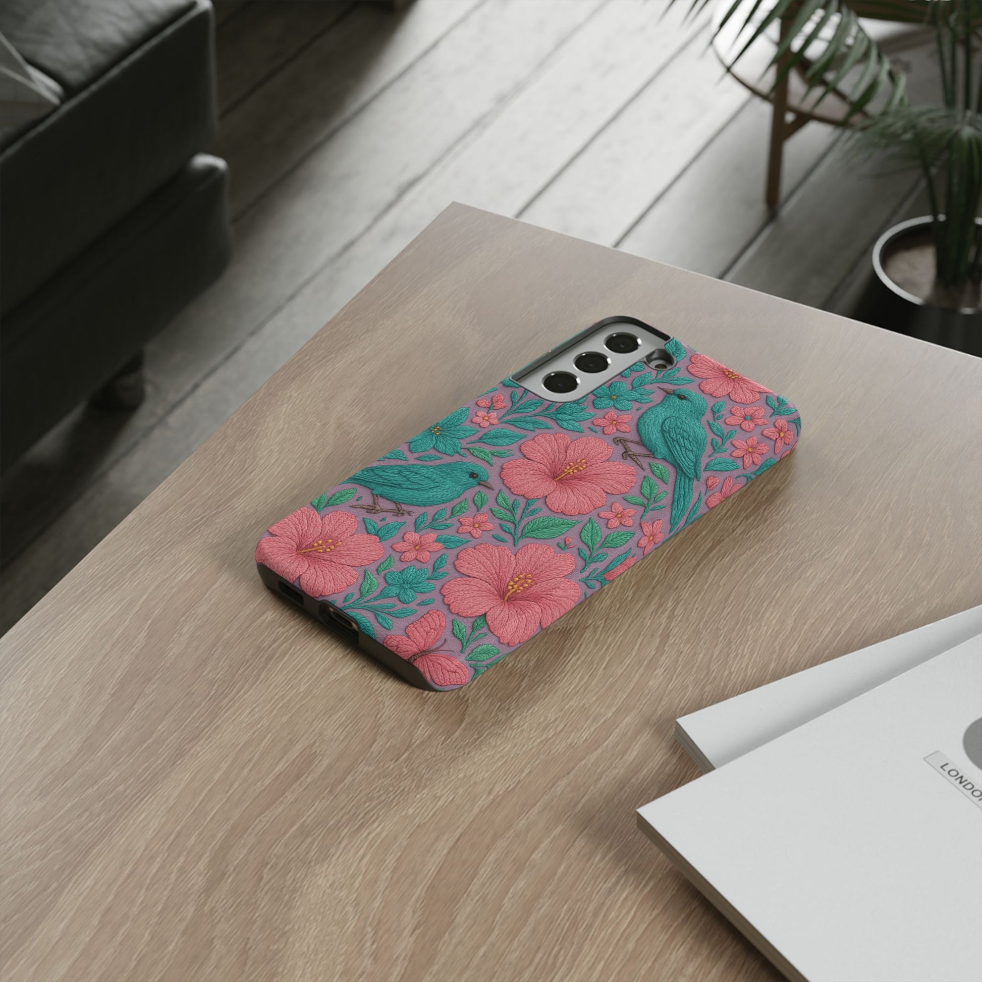 Turquoise, Pink and Lavender 3D Embroidery Illusion Phone Case Tropical Flowers, Birds & Butterflies Cover with Bold, Realistic Floral Texture iPhone, Samsung
