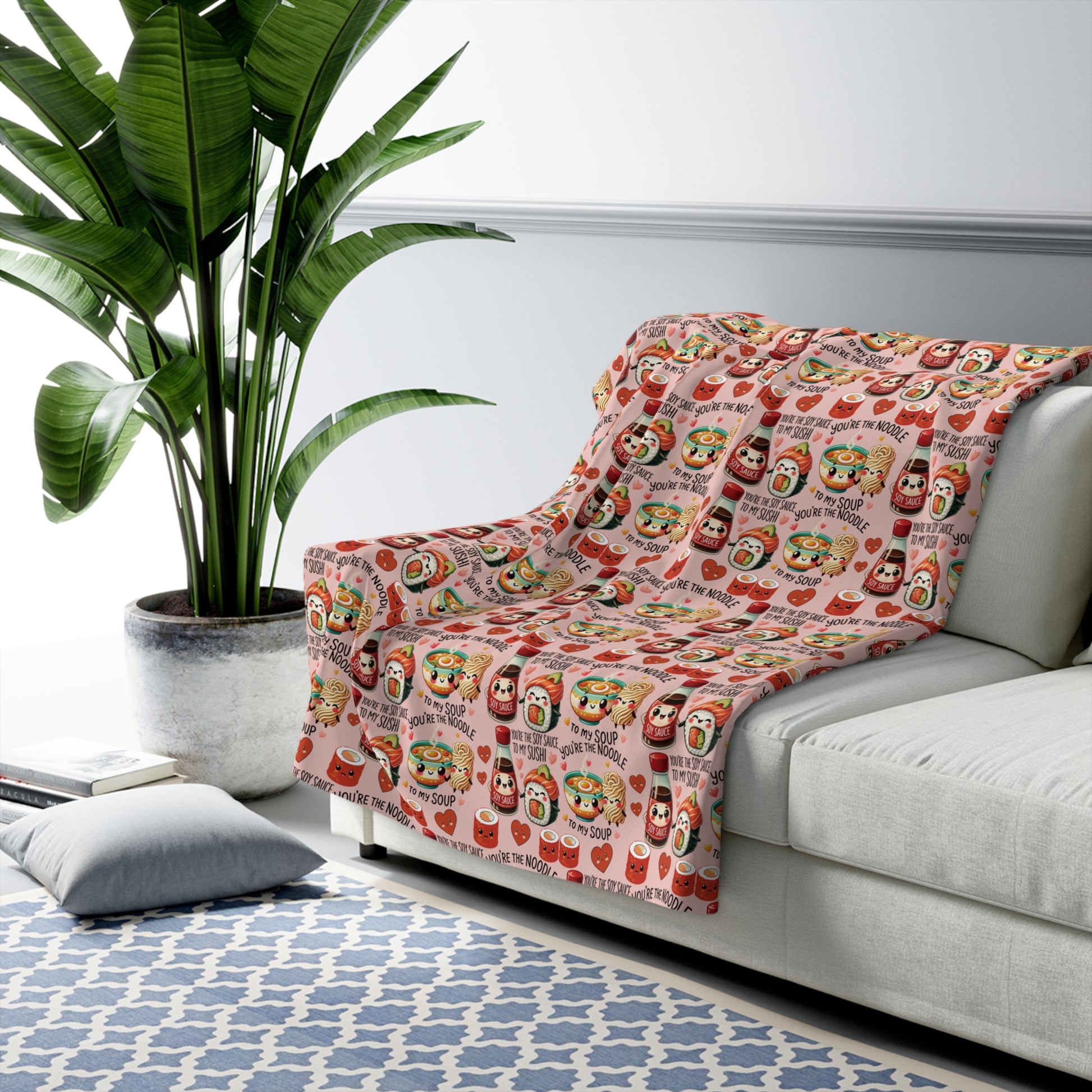 Sherpa Fleece Blanket Cozy Kawaii Sherpa Fleece Blanket Adorable Sushi & Noodle Charm Design, Perfect for Snuggling, Gifting, or Adding a Cute Touch to Your Home Déco