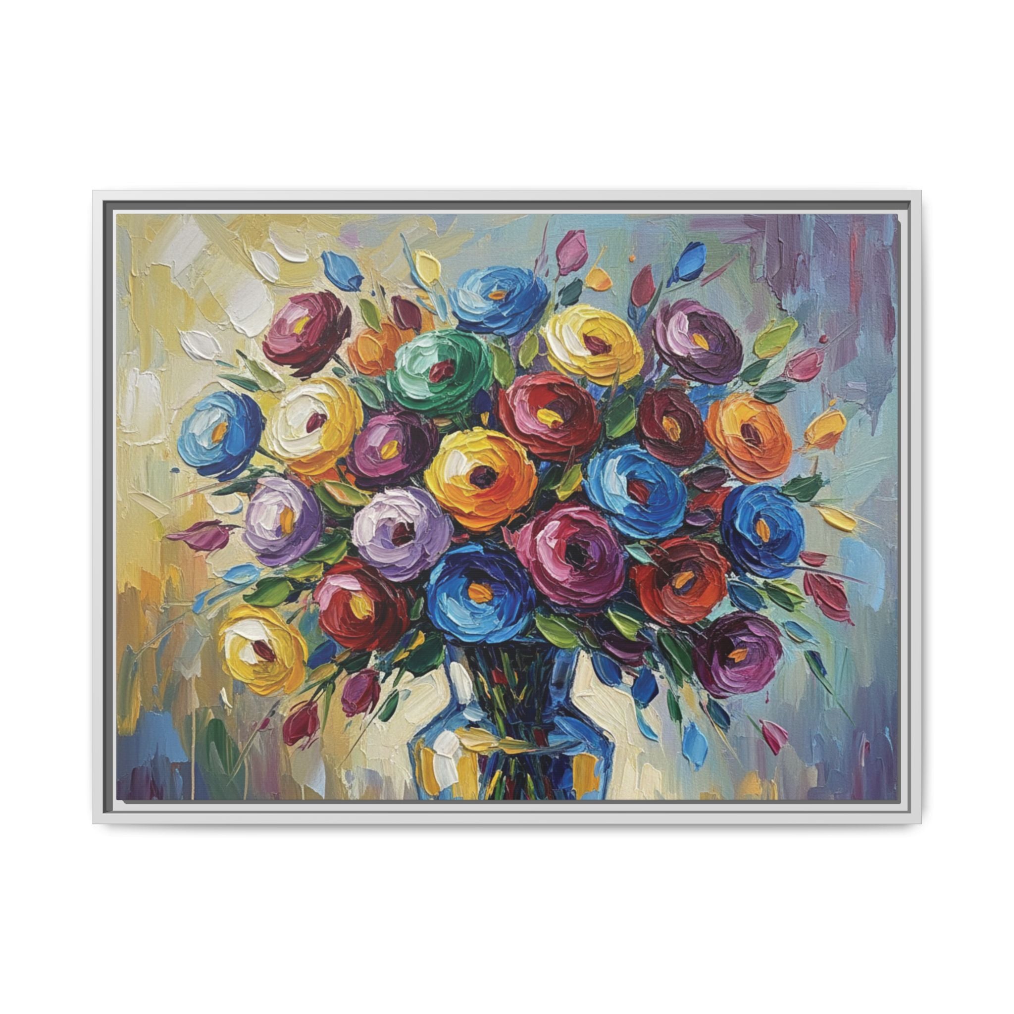 Impression sur toile bouquet floral aquarelle - Tableau mural encadré mat - Illusion de peinture à l'huile vibrante