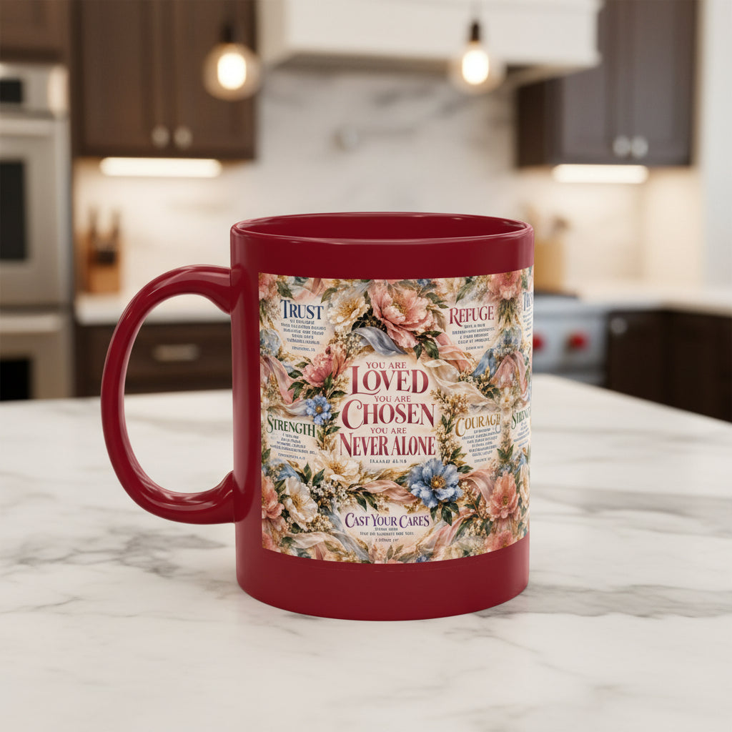 Loved Chosen Never Alone Coffee Mug | Christian Encouragement Gift for Her | Faith Floral Cup
