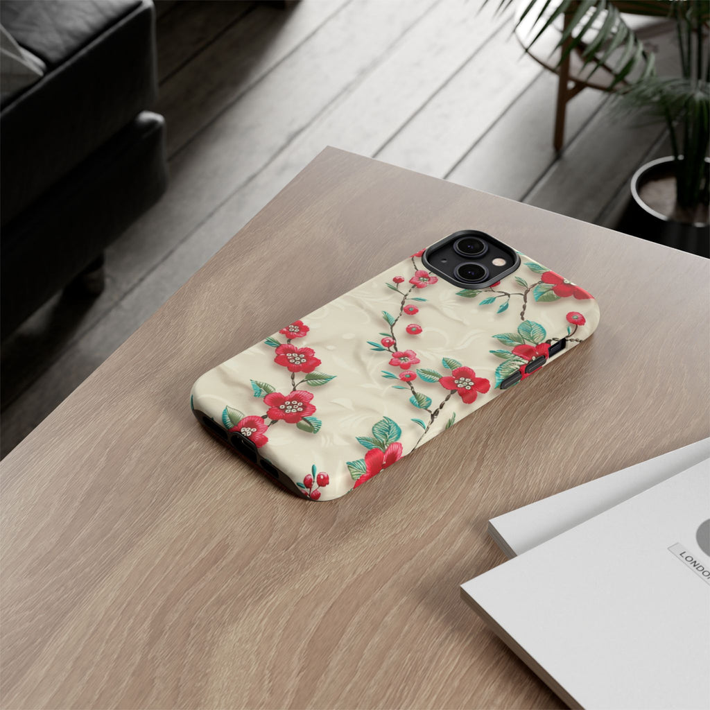3D Embroidery Illusion Red Flowers Phone Case for iPhone, Samsung Pixel Artistic Floral Protection 15 14 13 12, 21 23 Gift for Her Perfect for Floral Lover