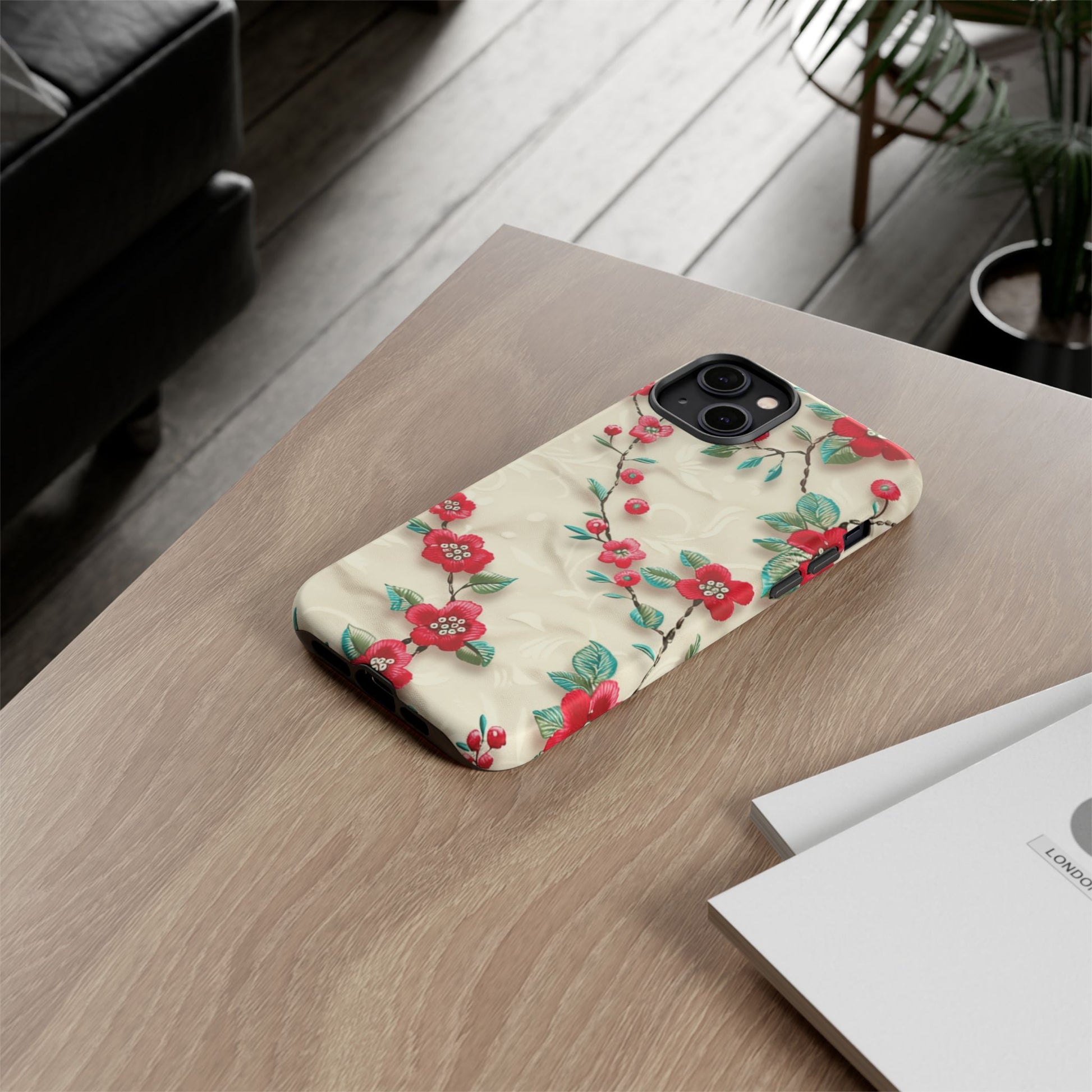3D Embroidery Illusion Red Flowers Phone Case for iPhone, Samsung Pixel Artistic Floral Protection 15 14 13 12, 21 23 Gift for Her Perfect for Floral Lover