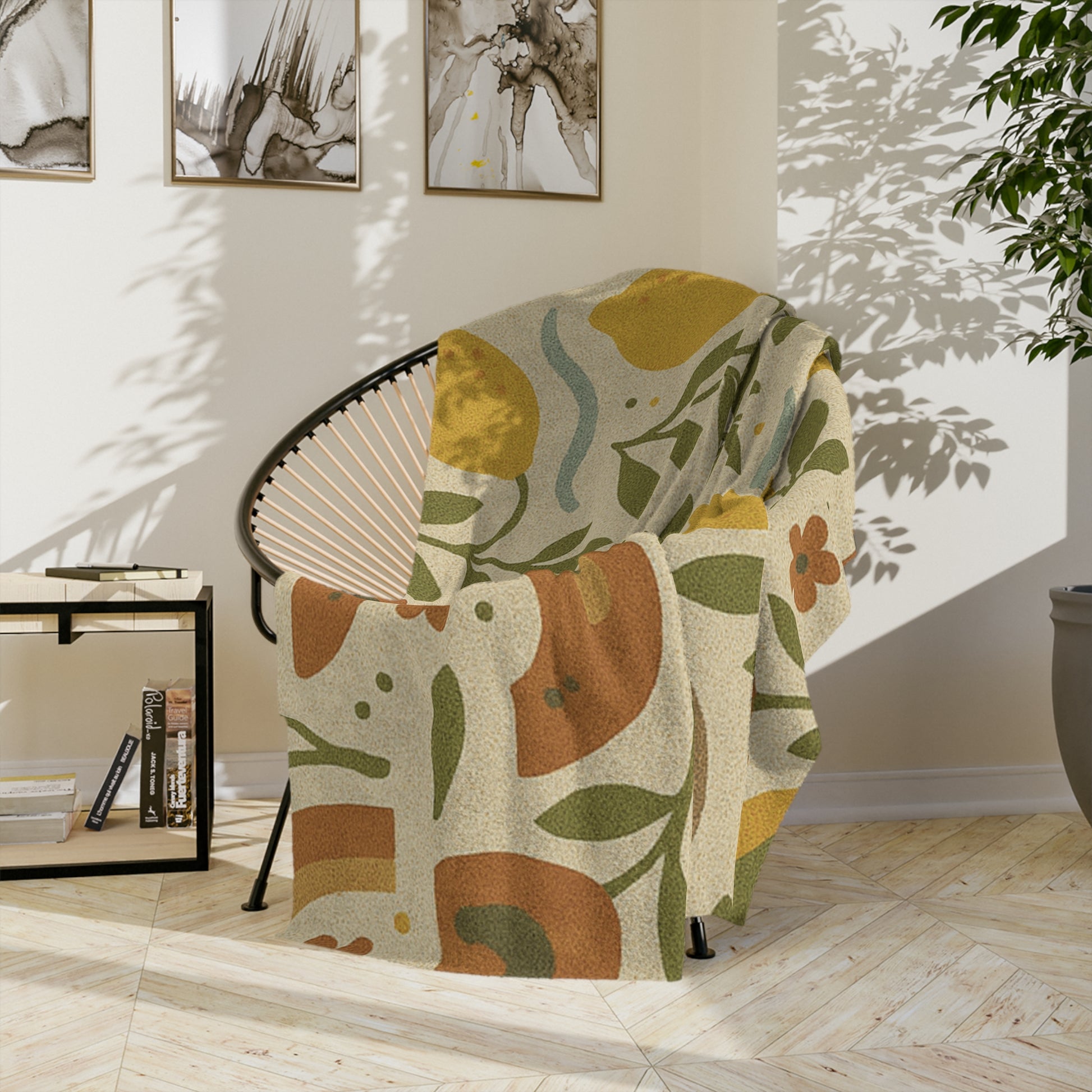 Boho Lemon Grove Blanket Cozy Knit Throw Featuring Hand-Drawn Lemons, Olive Leaves & Soft Waves in Earthy Tones, Perfect for Warmth & Style Year-Round