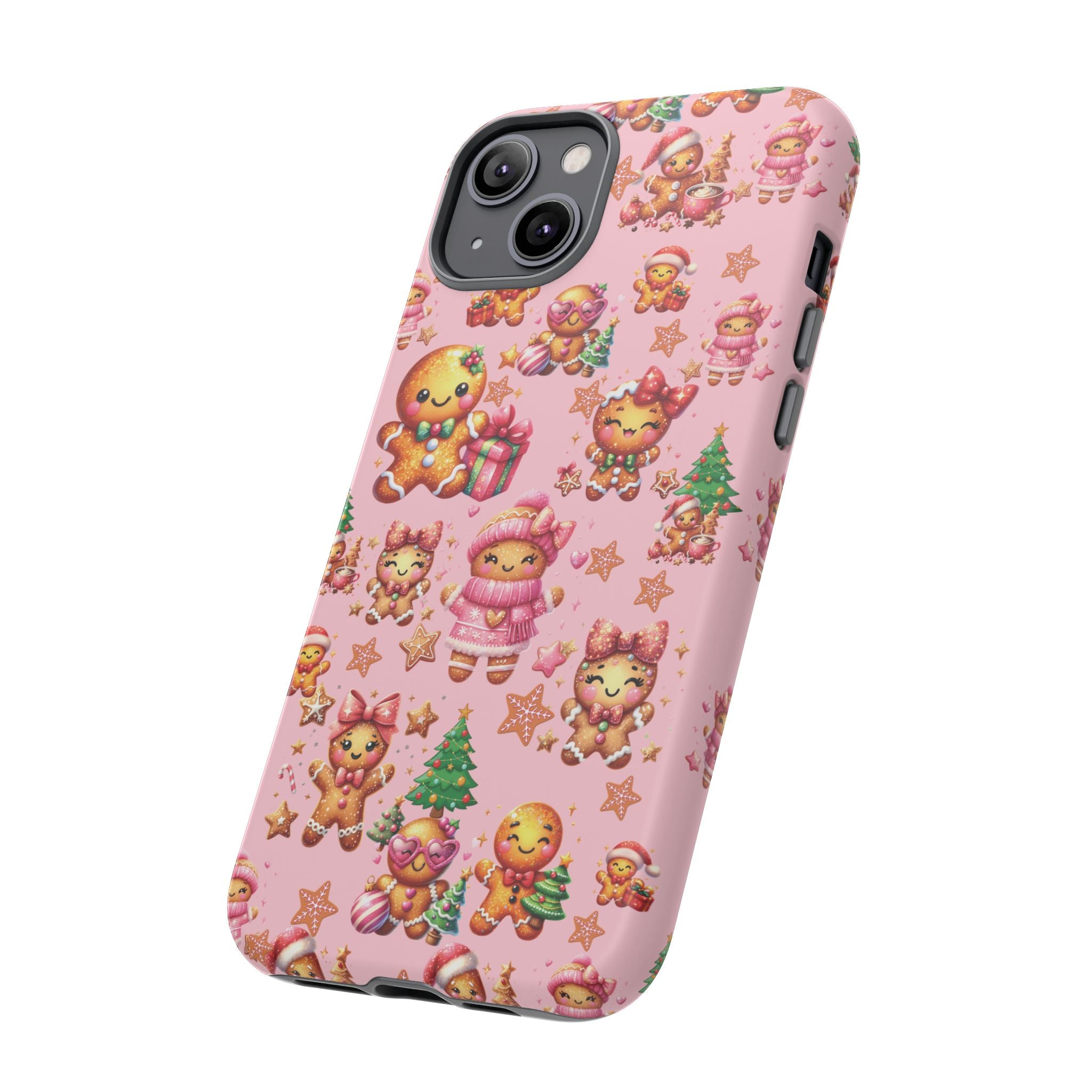 Coque de téléphone en forme de petite fille pain d'épices rose adorable, ambiance girly pour les fêtes, esthétique douce de Noël, idée cadeau mignonne et festive pour elle, housse de protection amusante