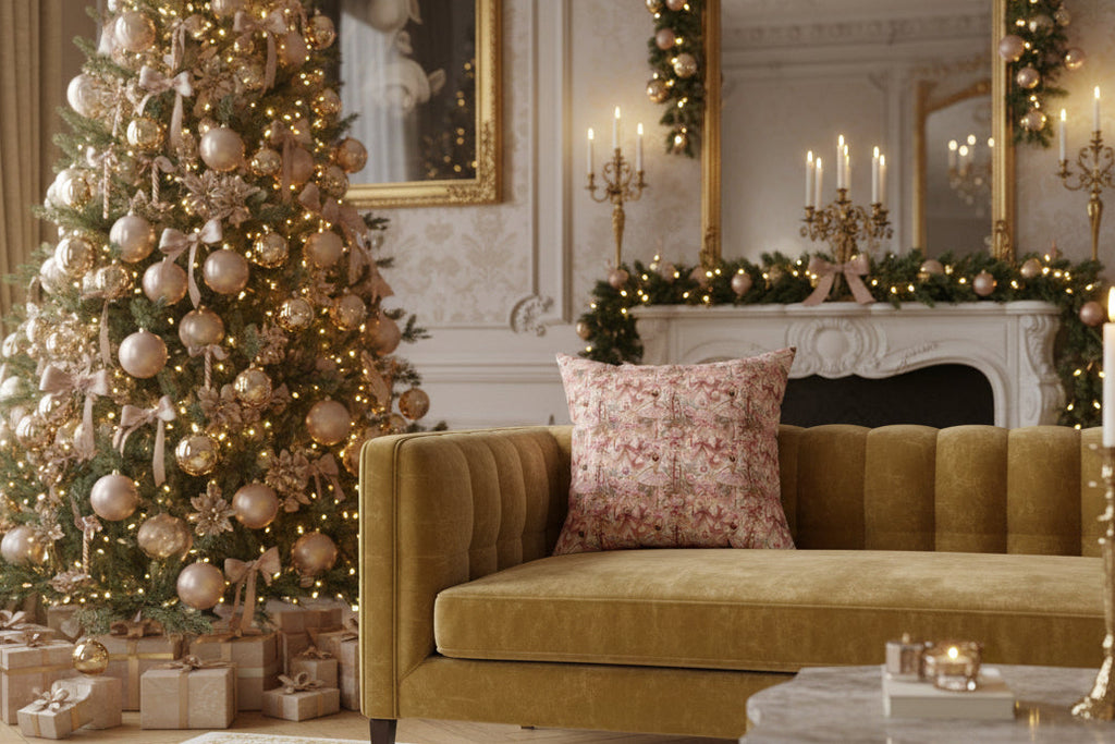 Decorative pillow with pink and gold pattern on a white background