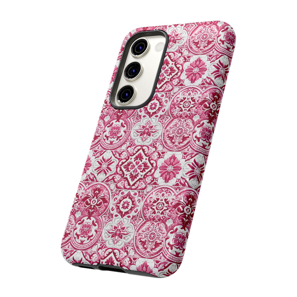 Pink and White Mediterranean Tile Design Phone Case - Stylish, Protective Cover for All Models Gift for Mom Accessory Gift for Her