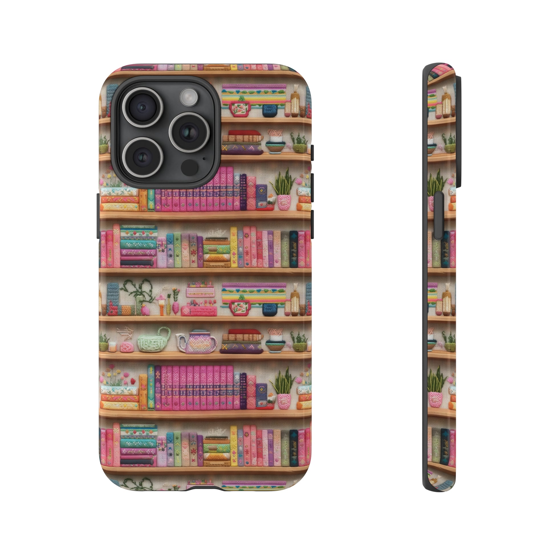 Phone Case 3D Illusion Books & Shelf Embroidery Design with Vibrant Colors Gift for Her Phone 15, Samsung iPhone Samsung Gift for Her Case iPhone 15, Samsung iPhone Samsung Accessory Gift for Her.