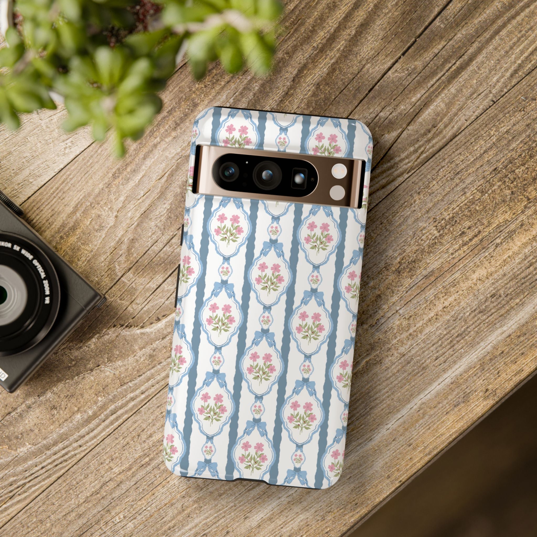 Coque de téléphone Vintage Nœud Bleu et Rose — Motif floral romantique « Tough Cases »
