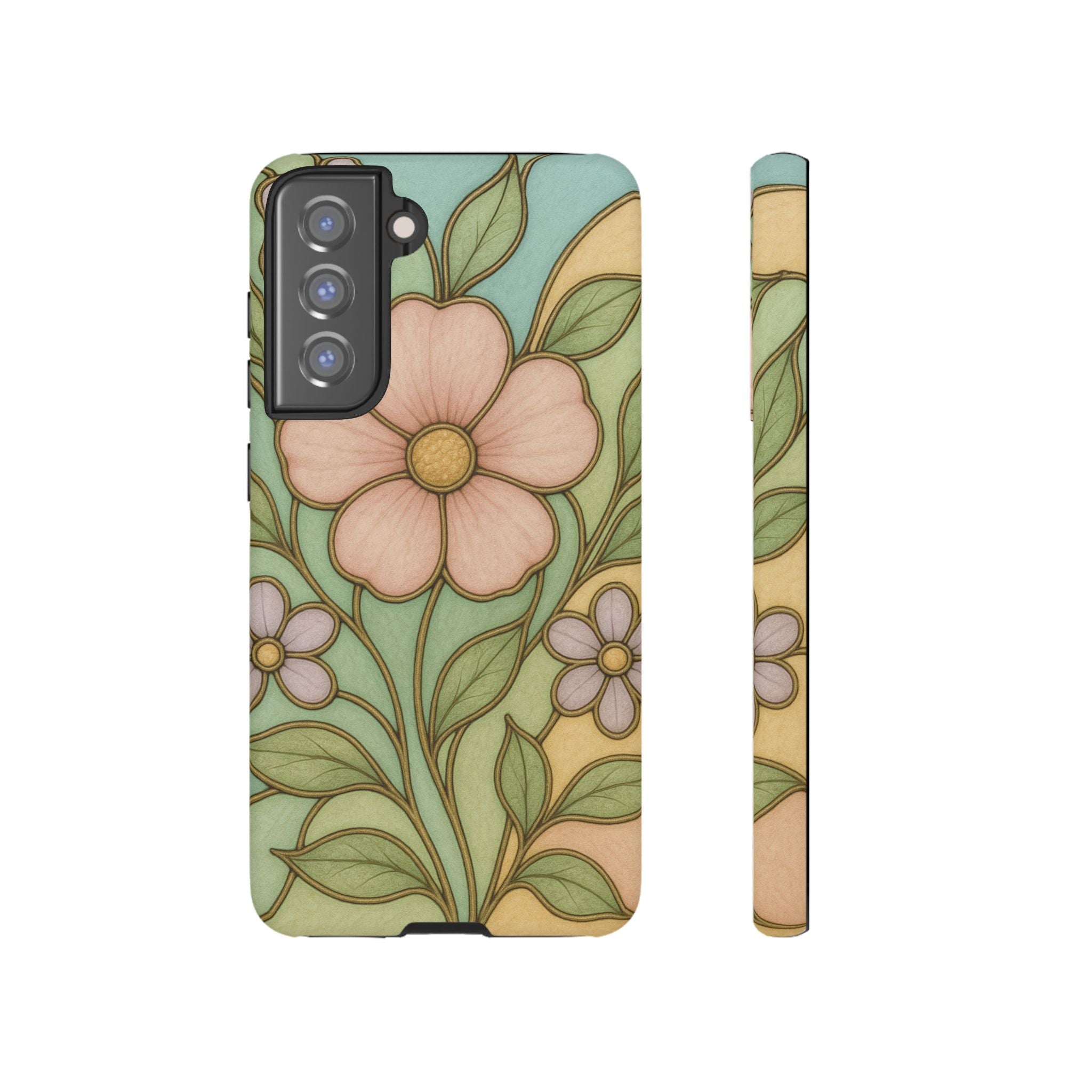 Pastel Pink, Yellow Stain Glass Illusion Floral Phone Case  Romantic Cottagecore Aesthetic, Soft Botanical Design, Protective Gift for Her, Fits iPhone & Samsung Models