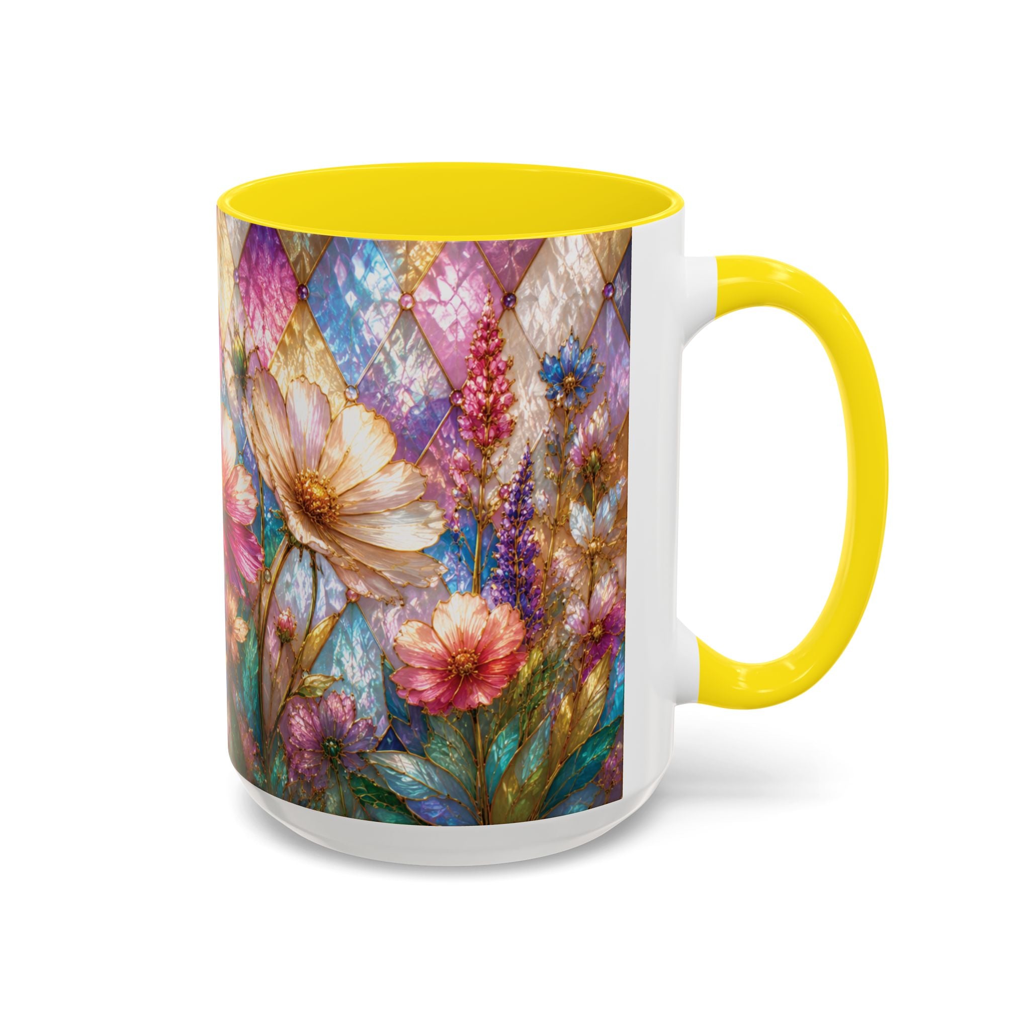 Floral Mosaic Accent Coffee Mug — Colorful Garden Flowers 11/15oz Stain Glass Illusion