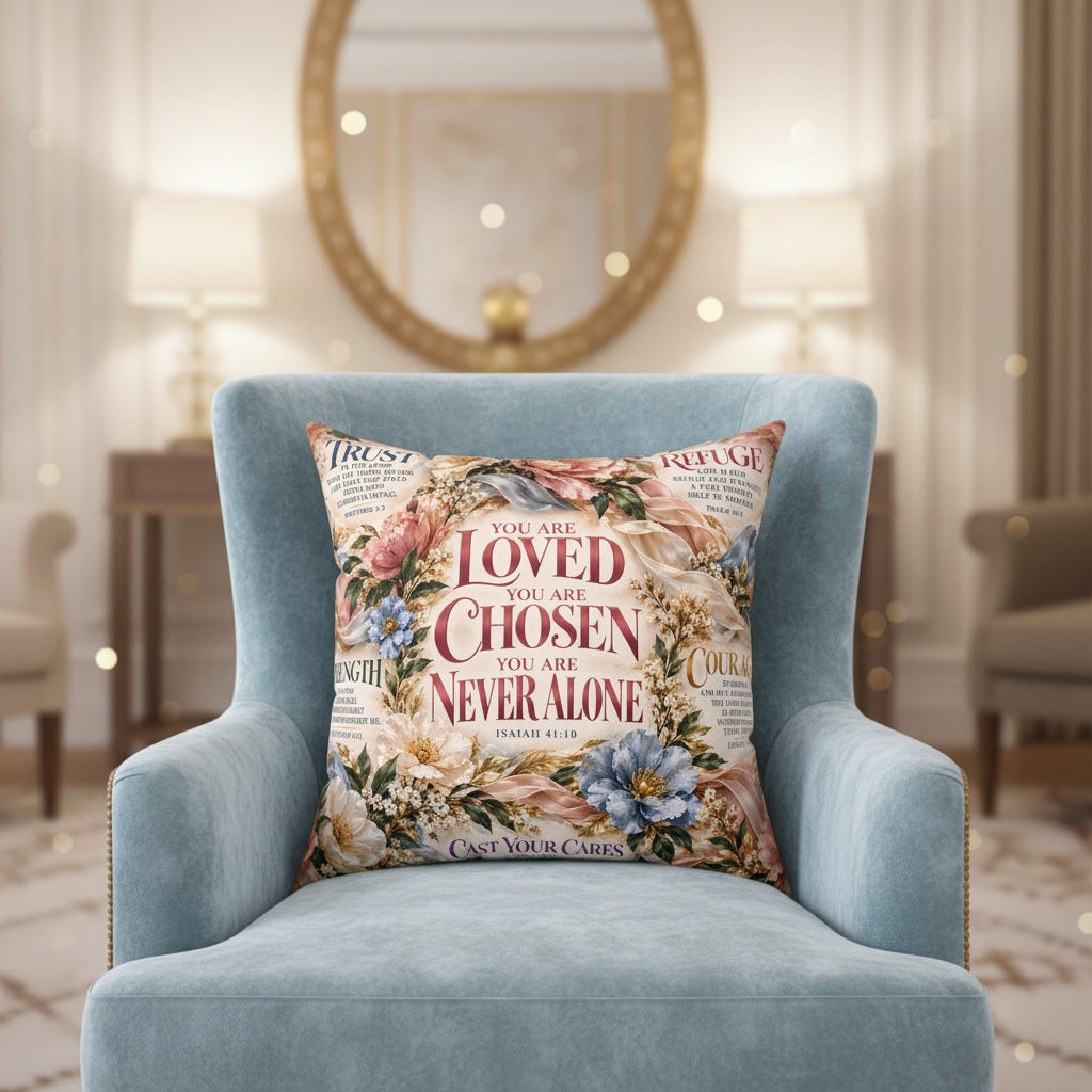 A square decorative throw pillow featuring a vintage-style floral and religious print with the text 'YOU ARE LOVED YOU ARE CHOSEN YOU ARE NEVER ALONE' and scripture references, shown on a plain white background.