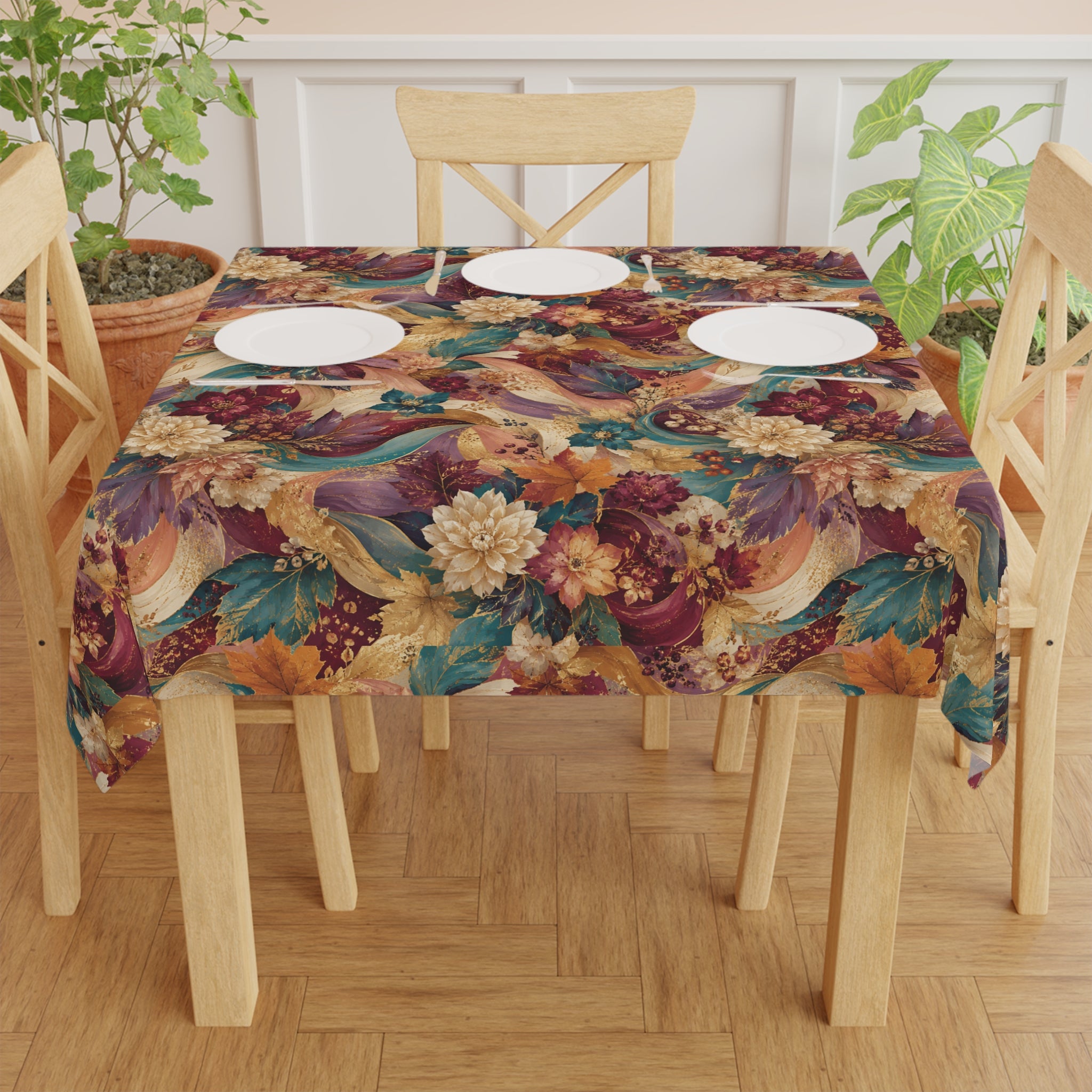 Autumn Harvest Floral Tablecloth — Vibrant Fall Leaves & Flowers Table Linen