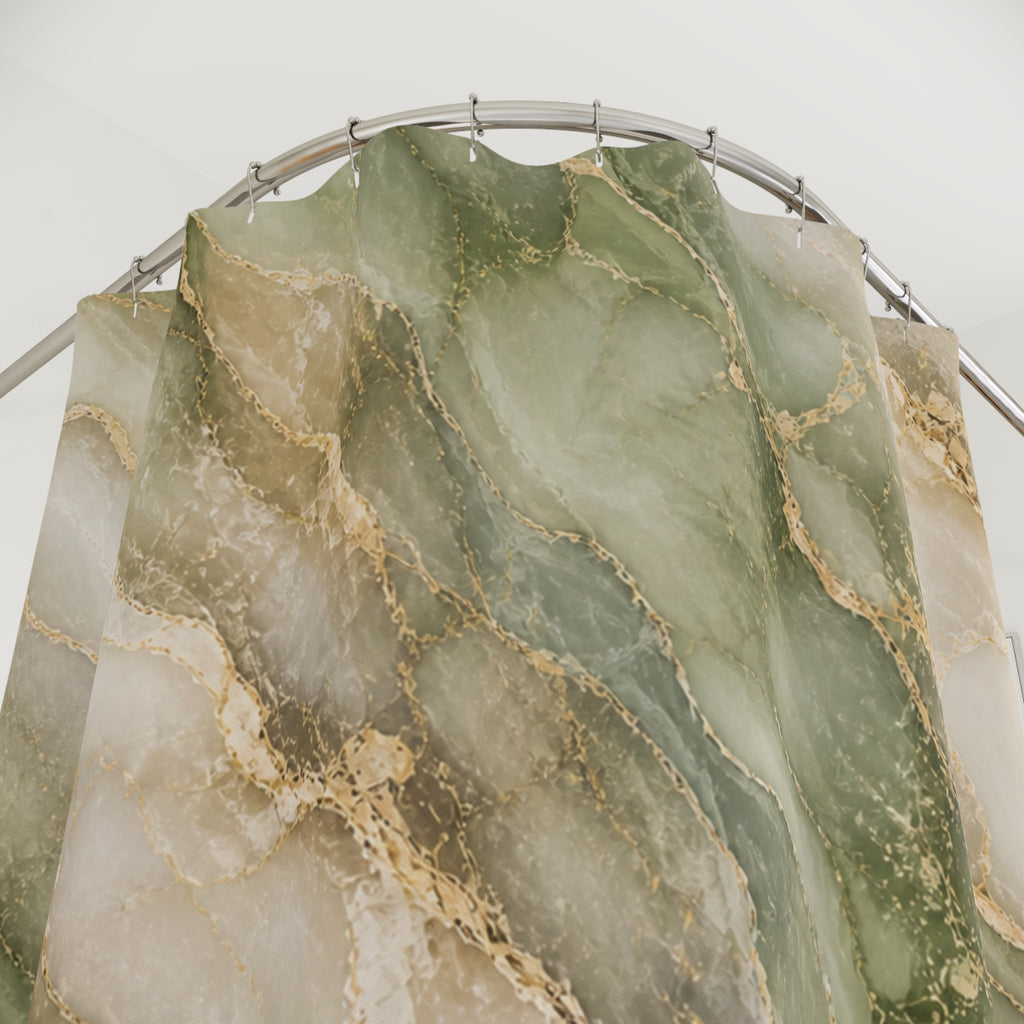 Elegant Green & Gold Marble Shower Curtain — Pastel Beige Veined Home Décor