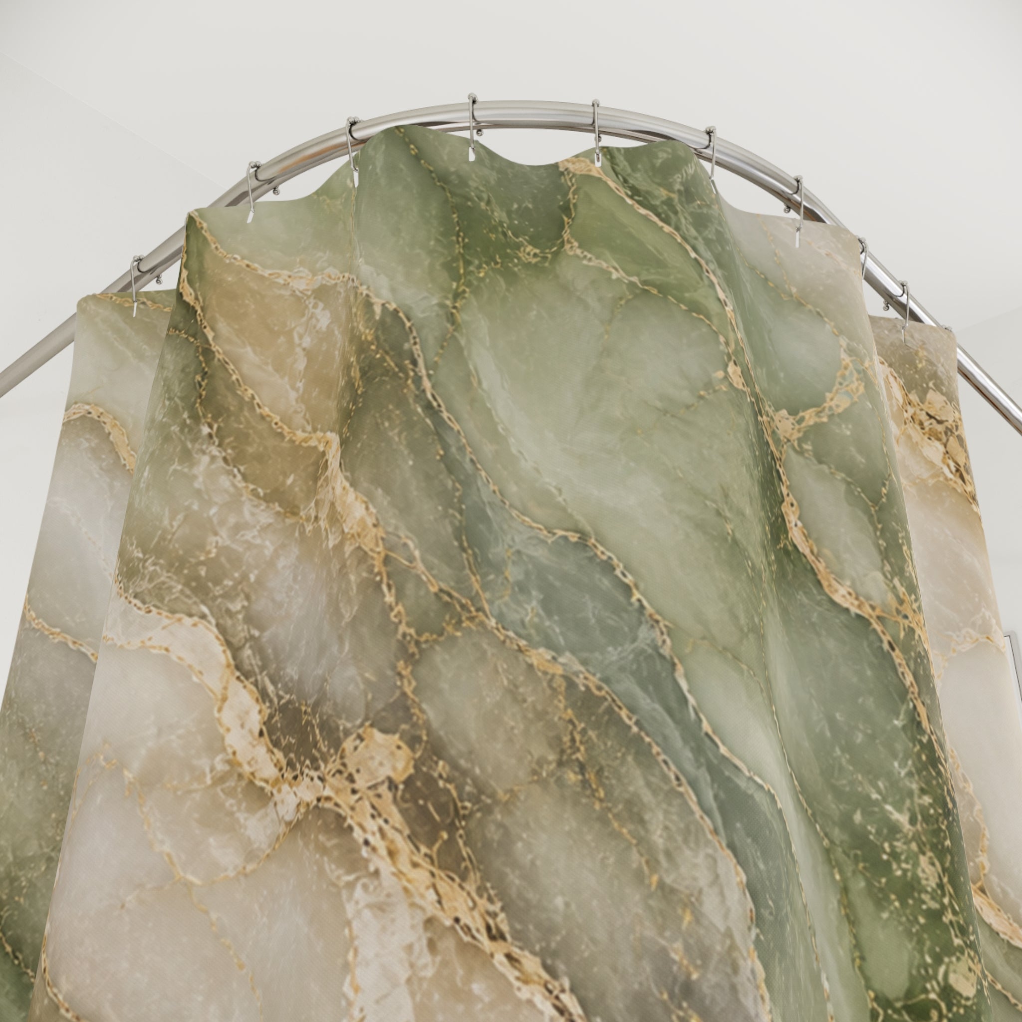 Elegant Green & Gold Marble Shower Curtain — Pastel Beige Veined Home Décor