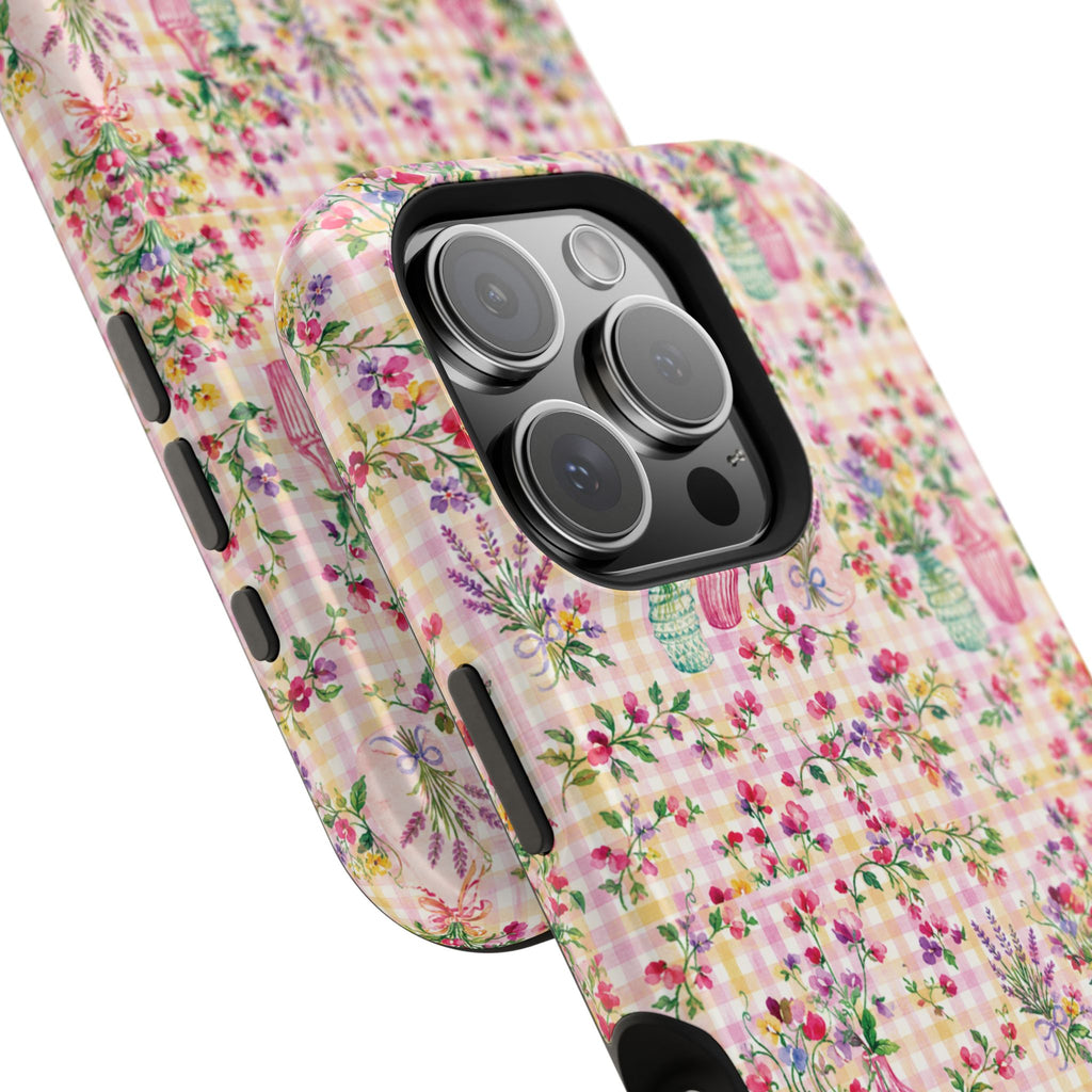 Turquoise & Pink Floral Checker Phone Case — Magnetic Impact-Resistant