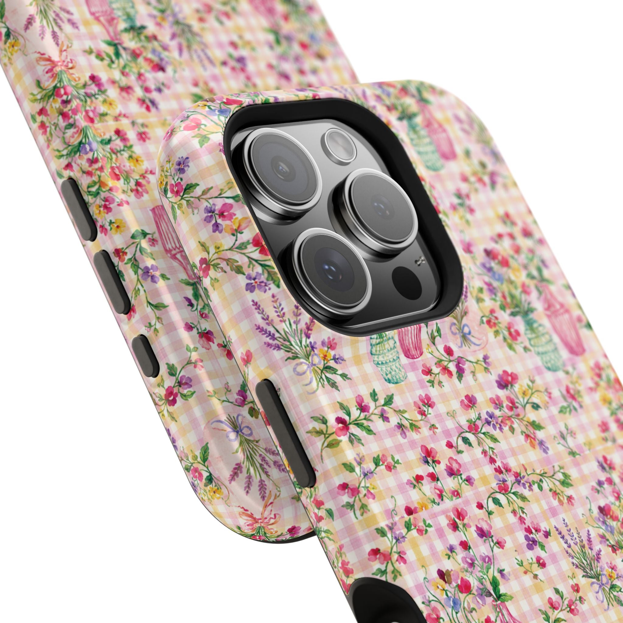Turquoise & Pink Floral Checker Phone Case — Magnetic Impact-Resistant
